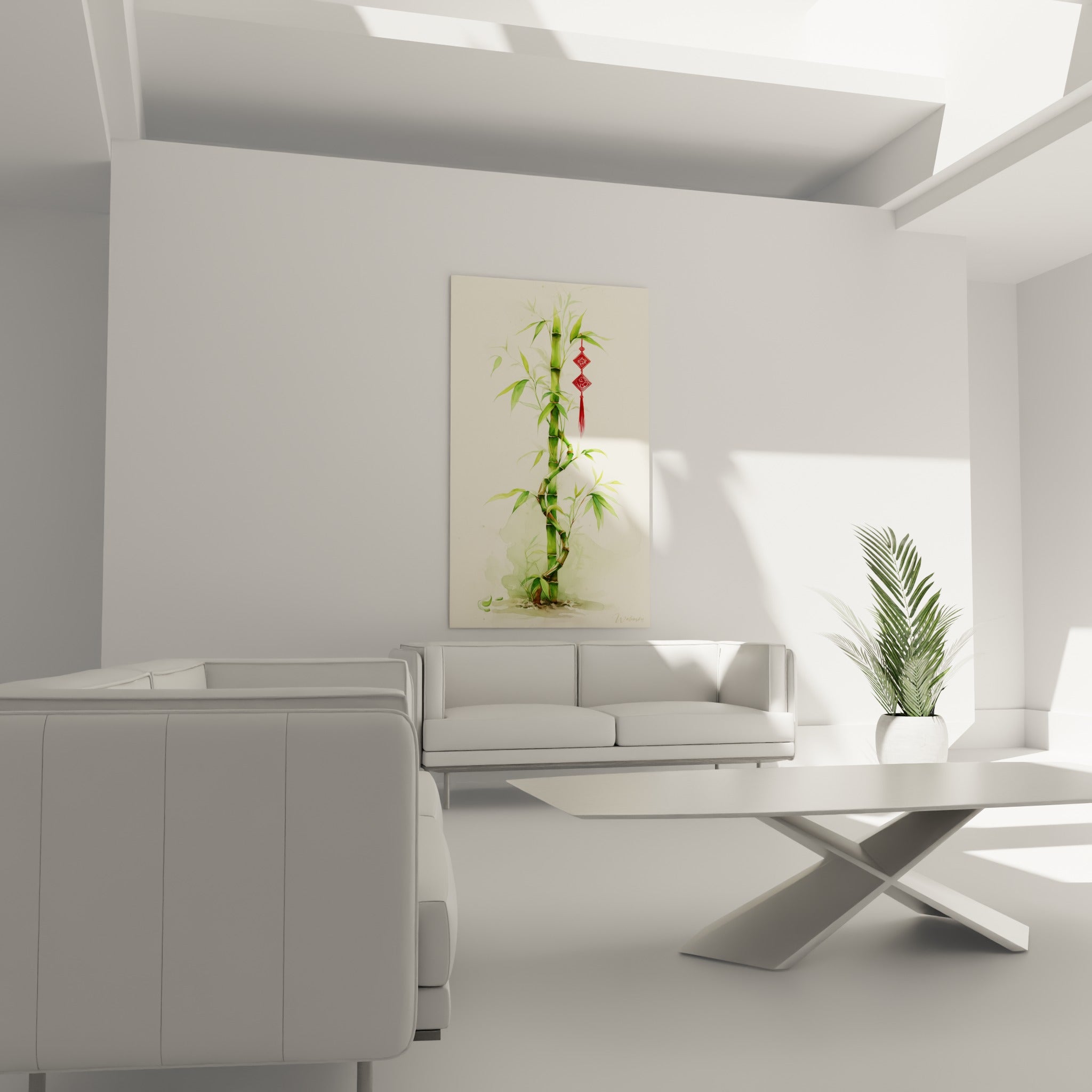 Bambou torsadé aux tons vert amande et brun terreux, au-dessus d'un canapé dans un salon lumineux
