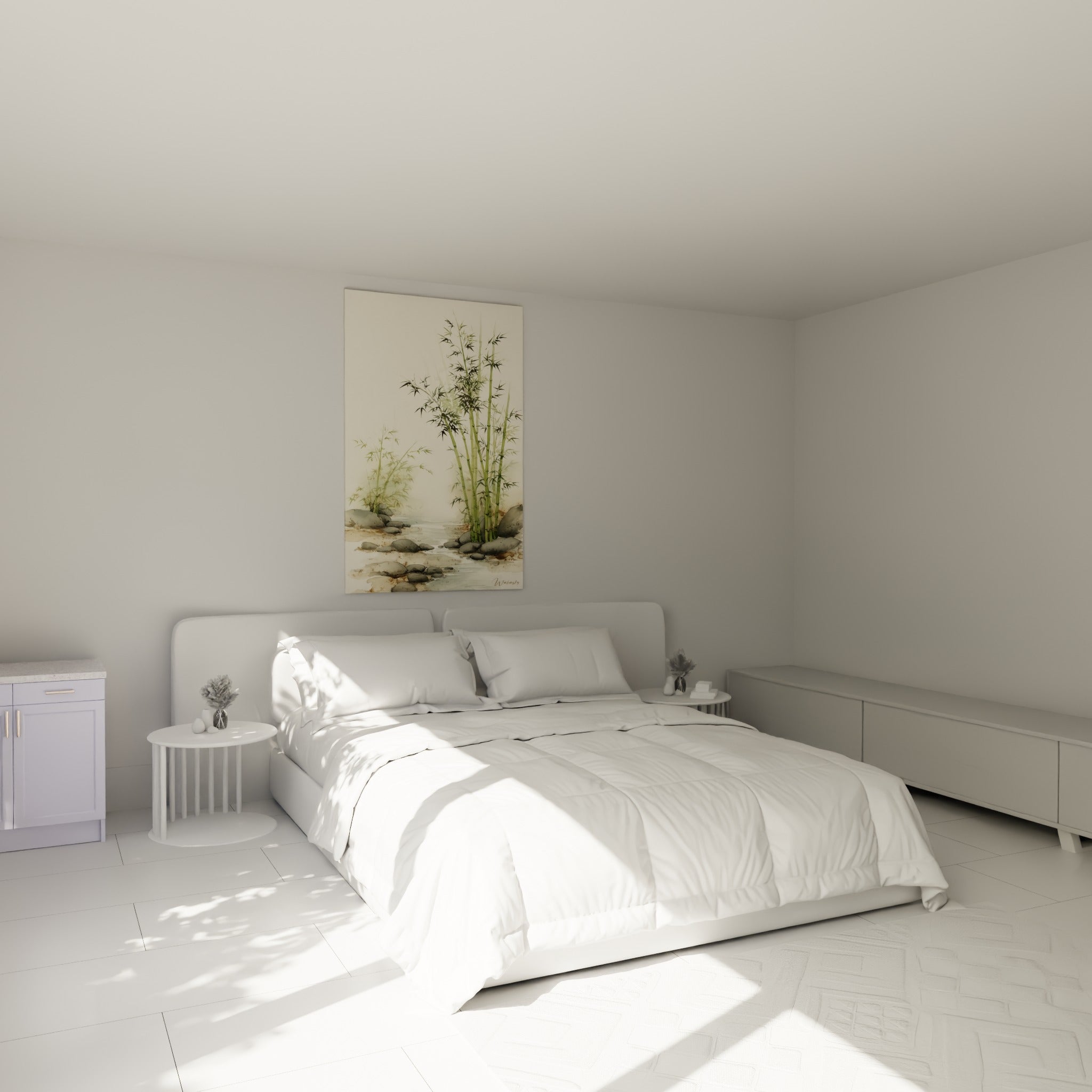 Tiges de bambou vert et gris peintes à l'aquarelle, au-dessus d'un lit dans une chambre claire