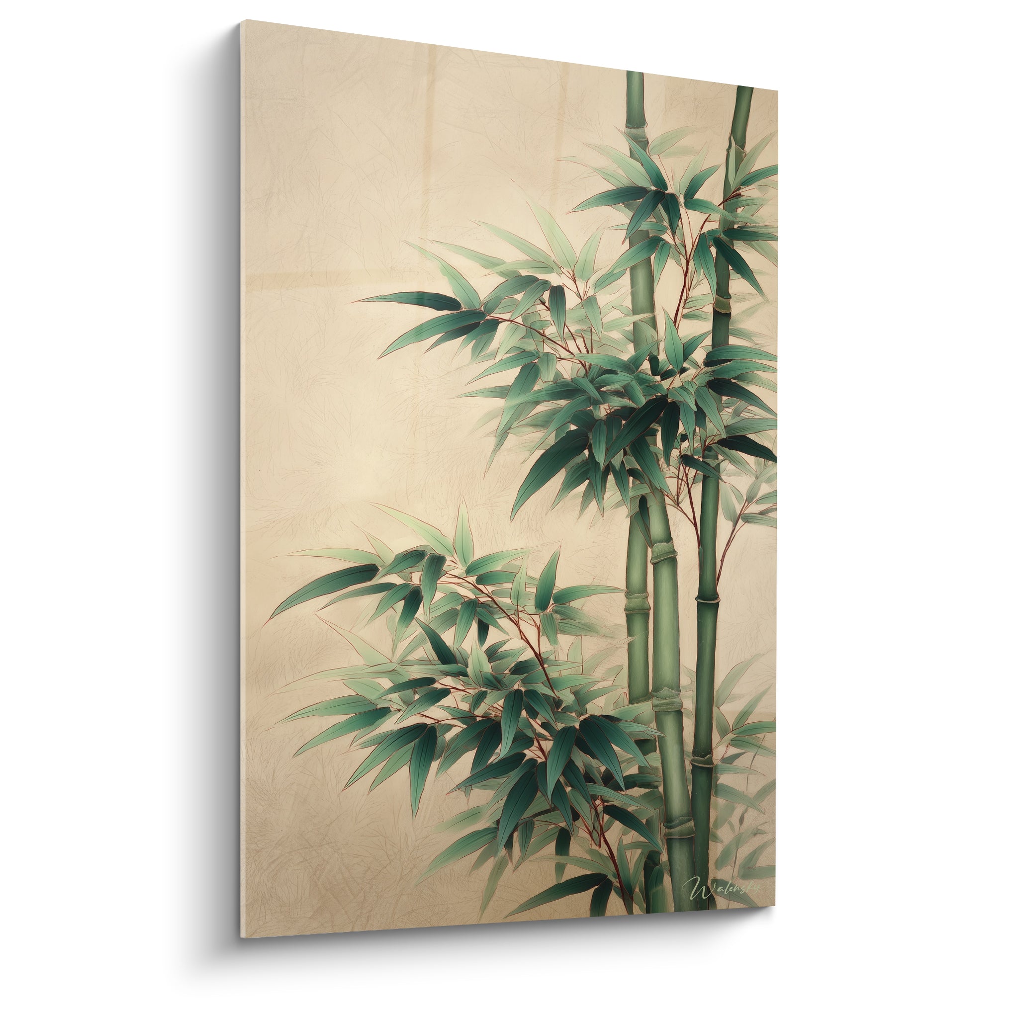 Tiges de bambou vert et feuillage émeraude peints sur fond beige texturé façon papier ancien