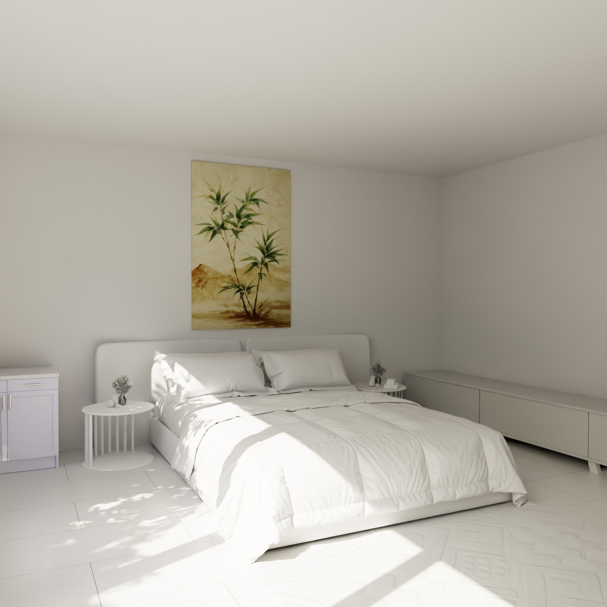 Bambou vert et brun se dresse au-dessus d'un lit dans une chambre claire et paisible