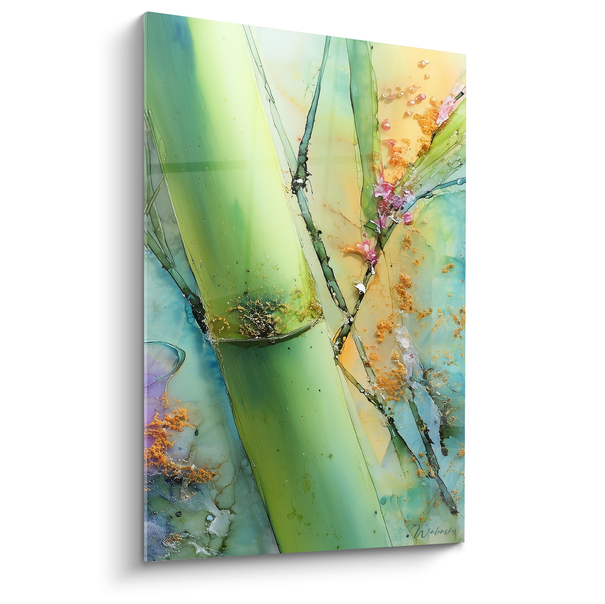 Bambou vert émeraude et doré traité en aquarelle sur toile, tige verticale texturée