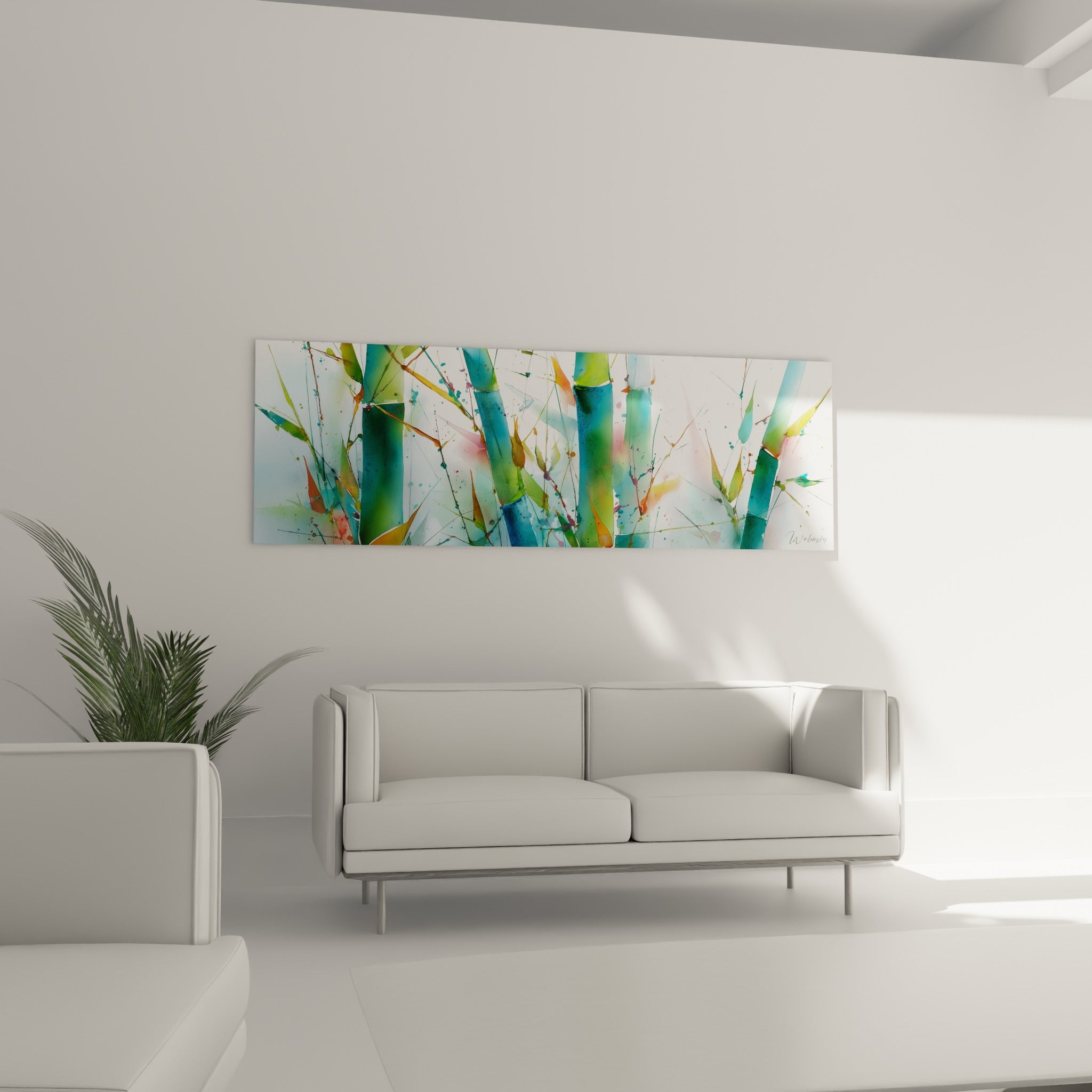 Bambou vert d'eau et touches roses en aquarelle suspendu au-dessus d'un canapé dans un salon lumineux