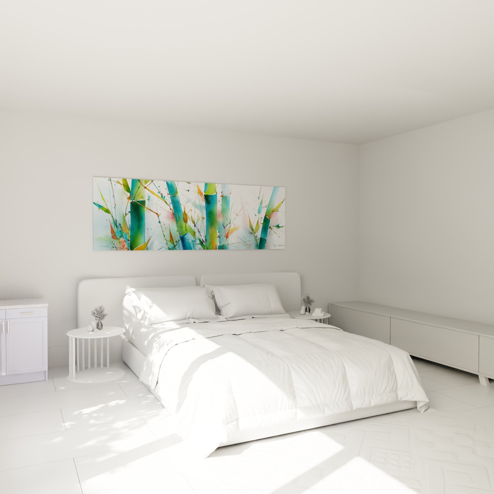 Tiges de bambou vert et turquoise en aquarelle accrochées au-dessus d'un lit dans une chambre claire
