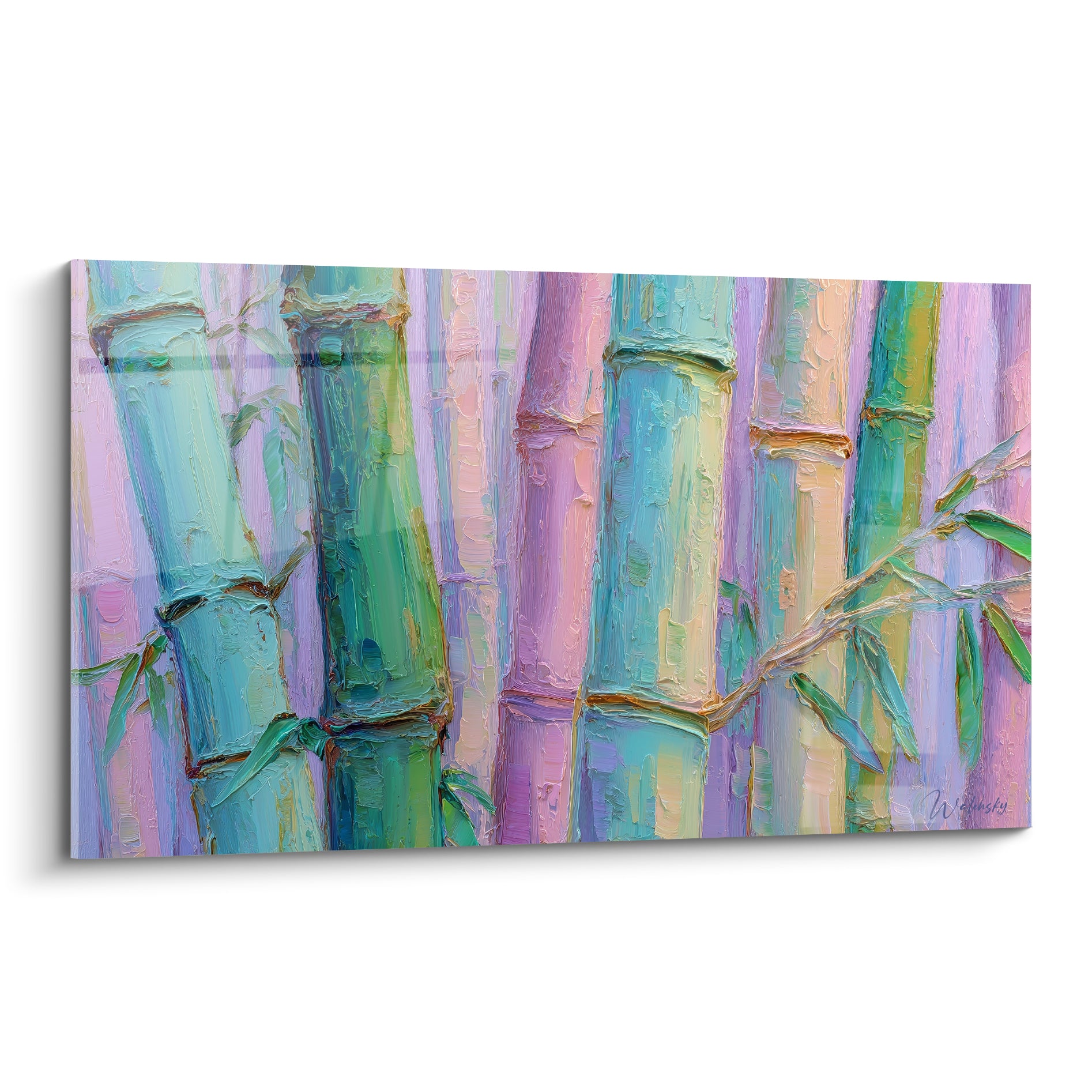 Bambou vert émeraude et mauve pastel, tiges texturées peintes à l'huile en pleine lumière