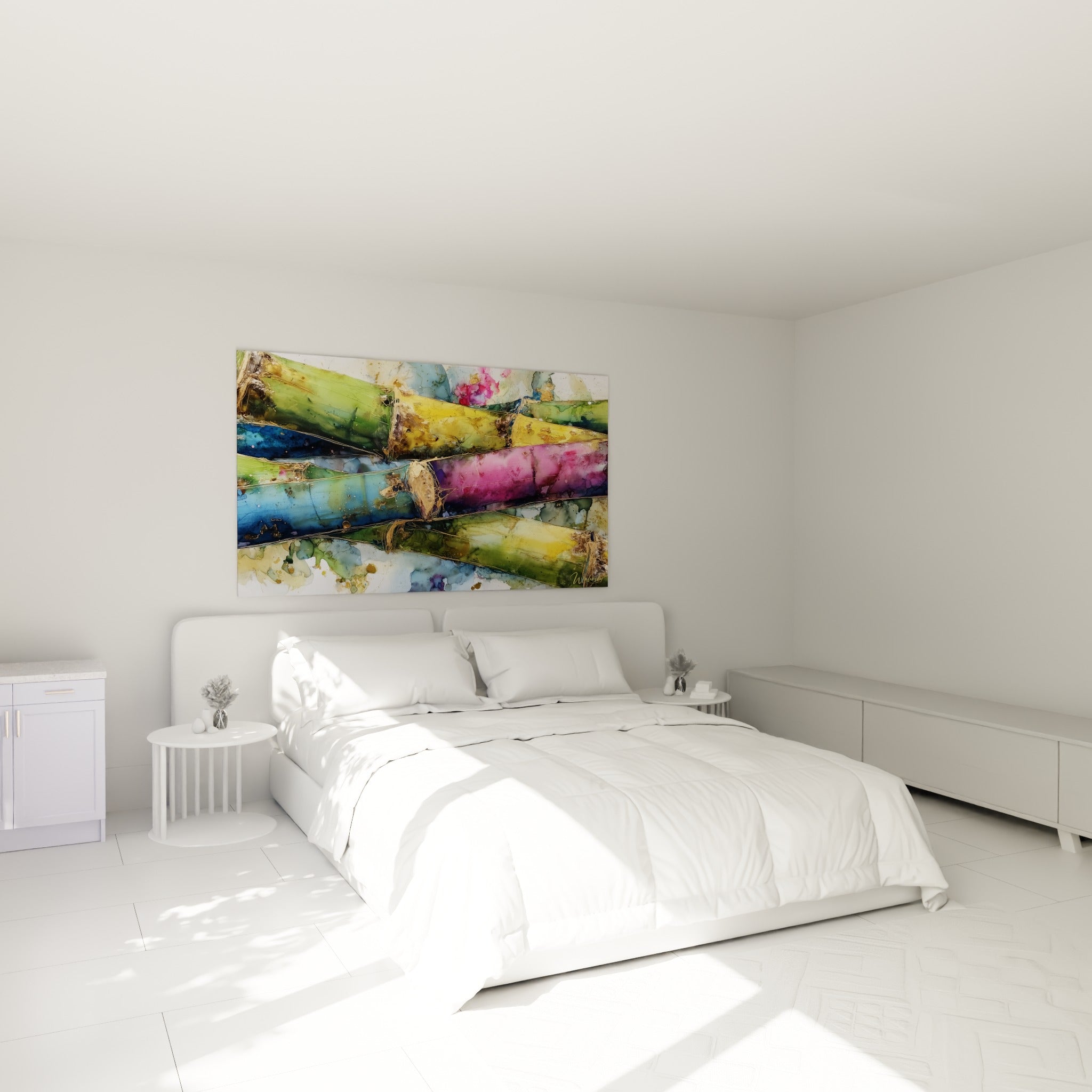 Bambou aux tons rose magenta et bleu pétrole au-dessus d'un lit dans une chambre claire
