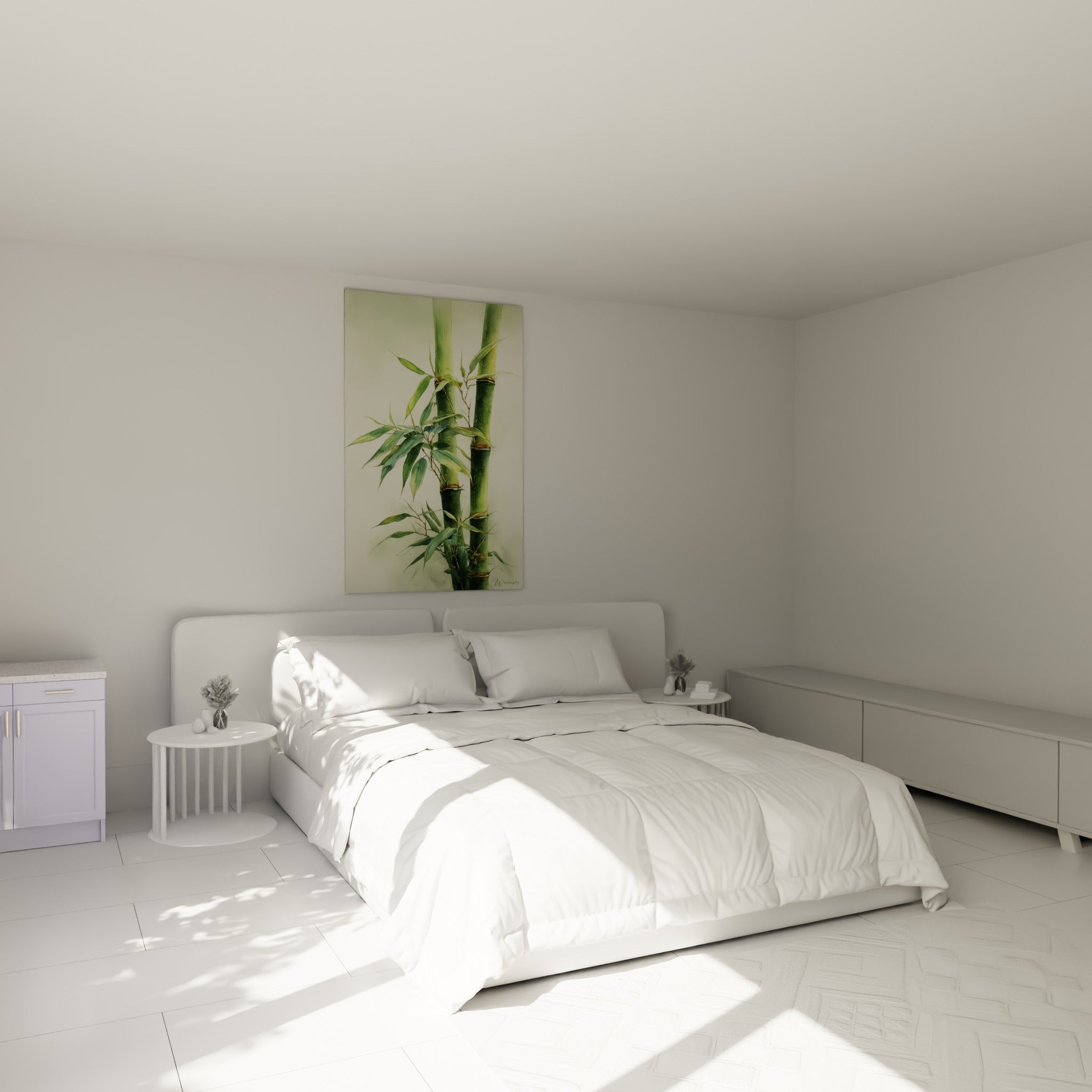 Bambou aux nuances vert olive et beige accroché au-dessus d'un lit dans une chambre claire