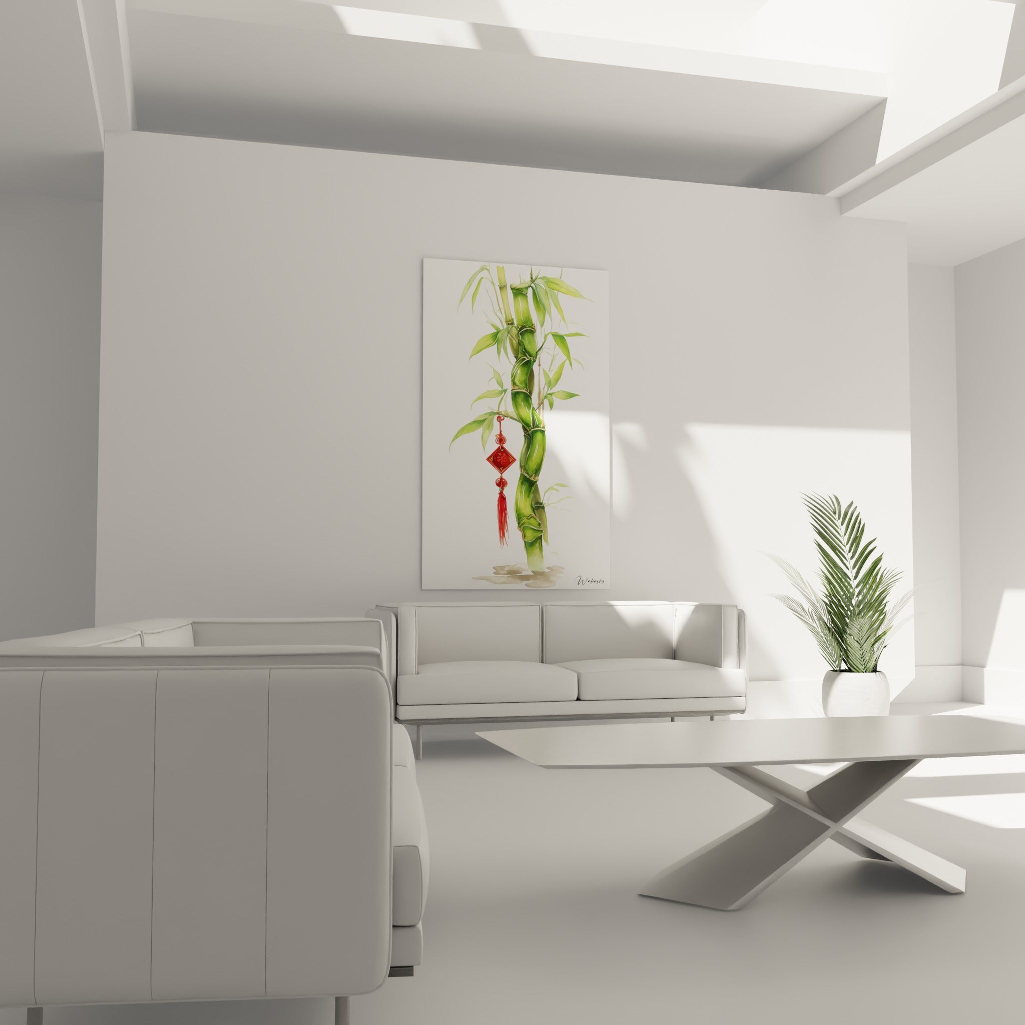 Bambou aux nœuds sinueux vert olive et pampille rouge vif, disposé au-dessus d'un canapé dans un salon lumineux