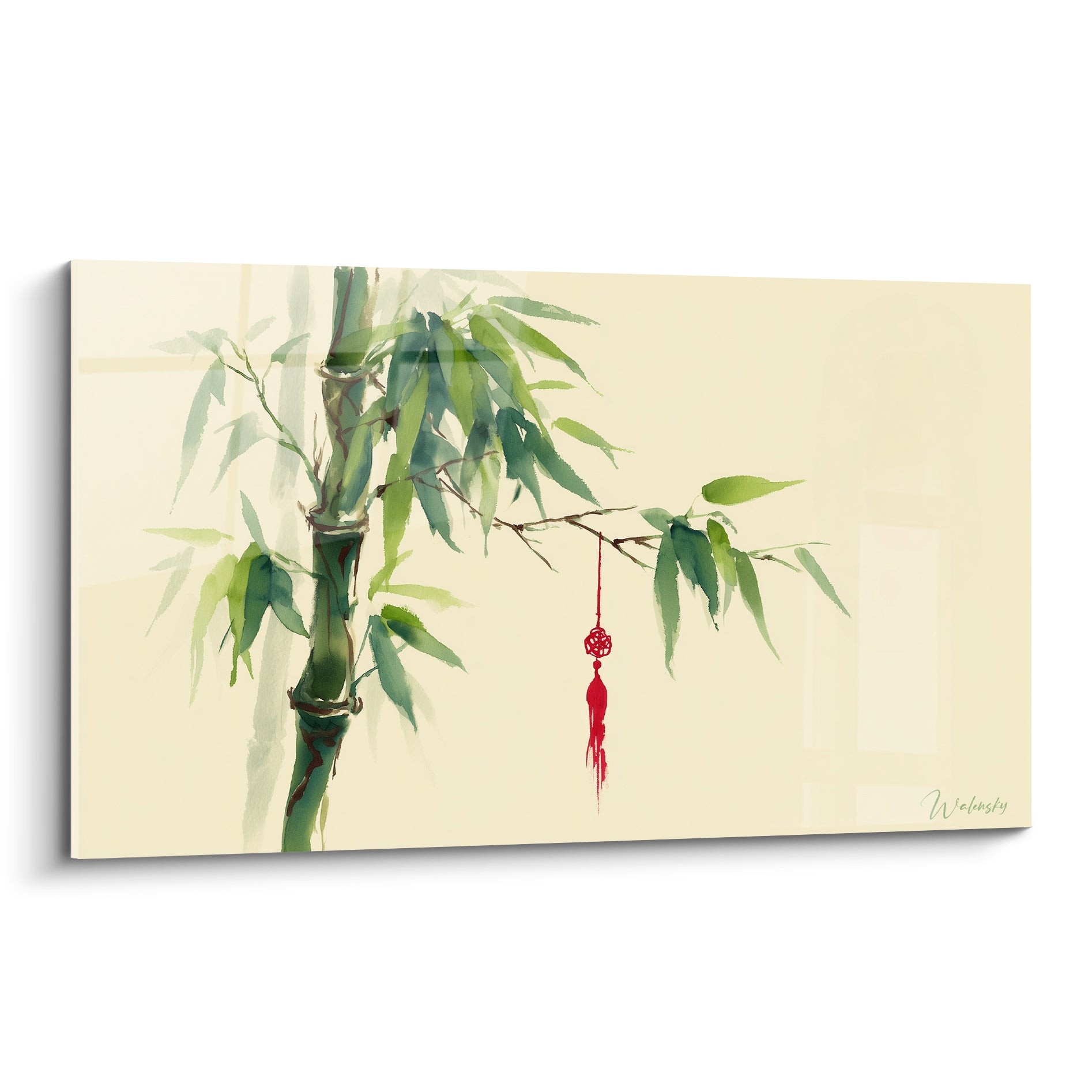 Bambou vert et pompon rouge suspendu peints à l'aquarelle sur fond ivoire lumineux