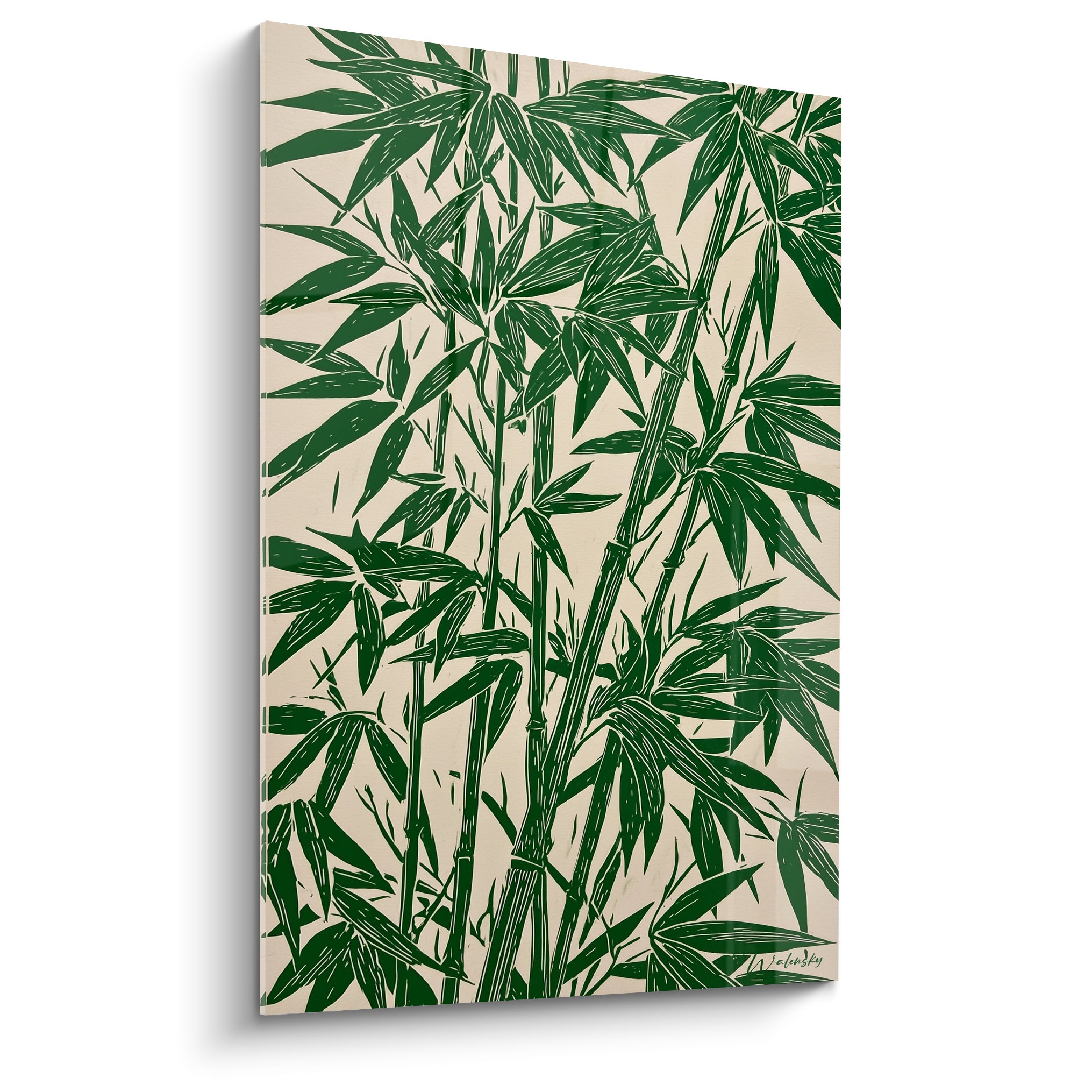 Bambou vert sapin et écru, tiges entrelacées et feuillage dense en linogravure graphique