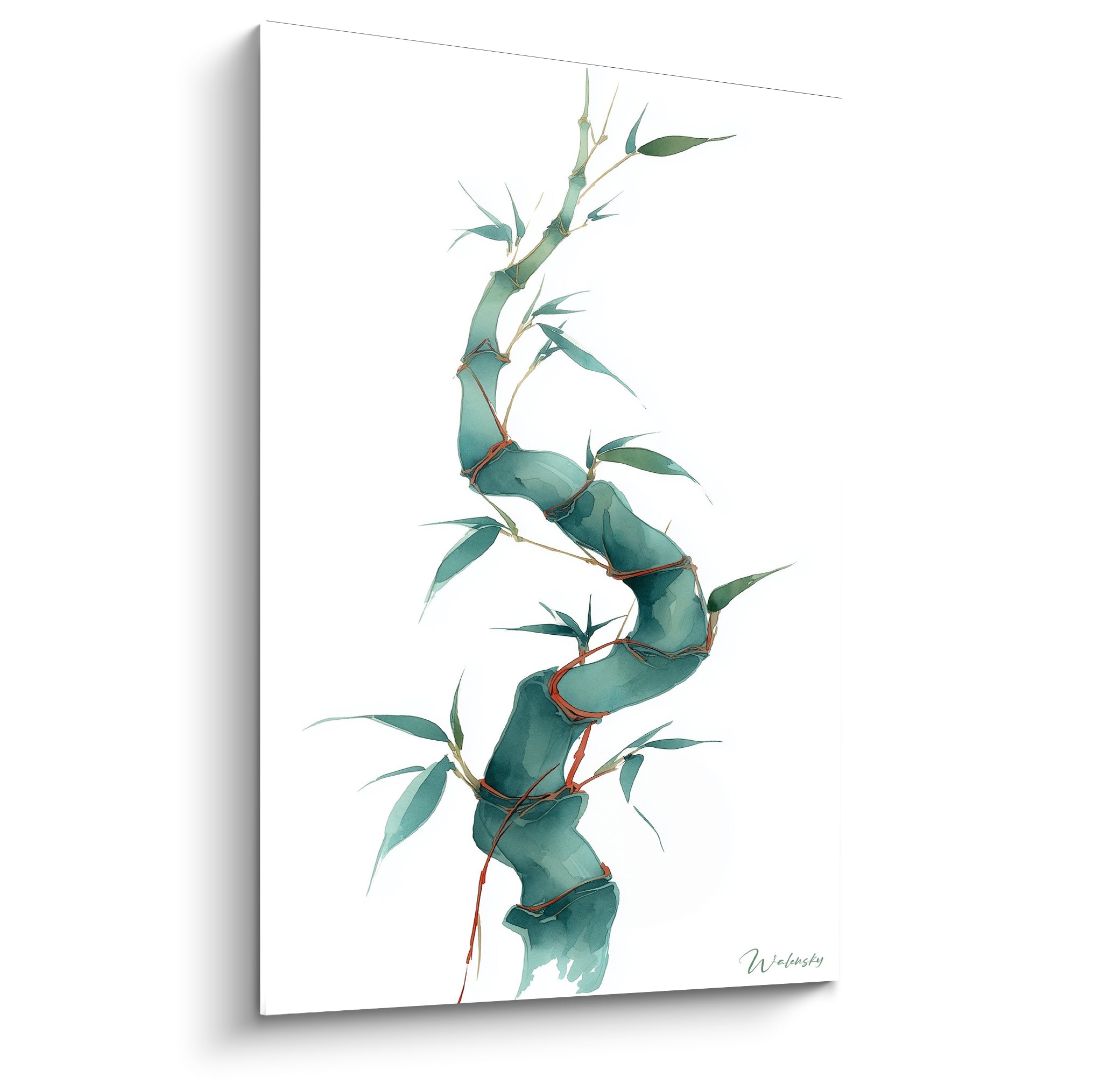 Bambou sinueux vert sarcelle aux nœuds terracotta, aquarelle sur fond blanc épuré