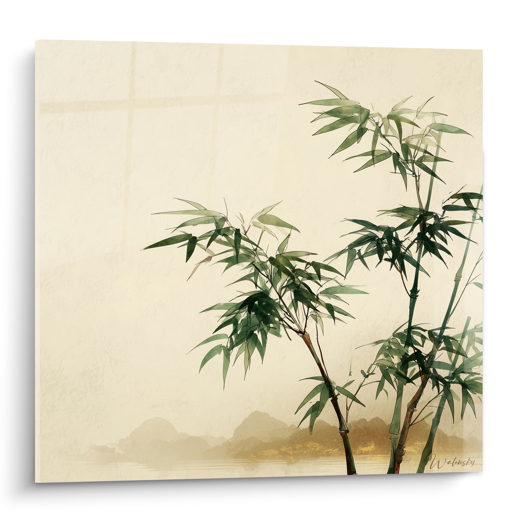 Bambou vert sauge et beige aux tiges élancées, style aquarelle sur fond brumeux doré