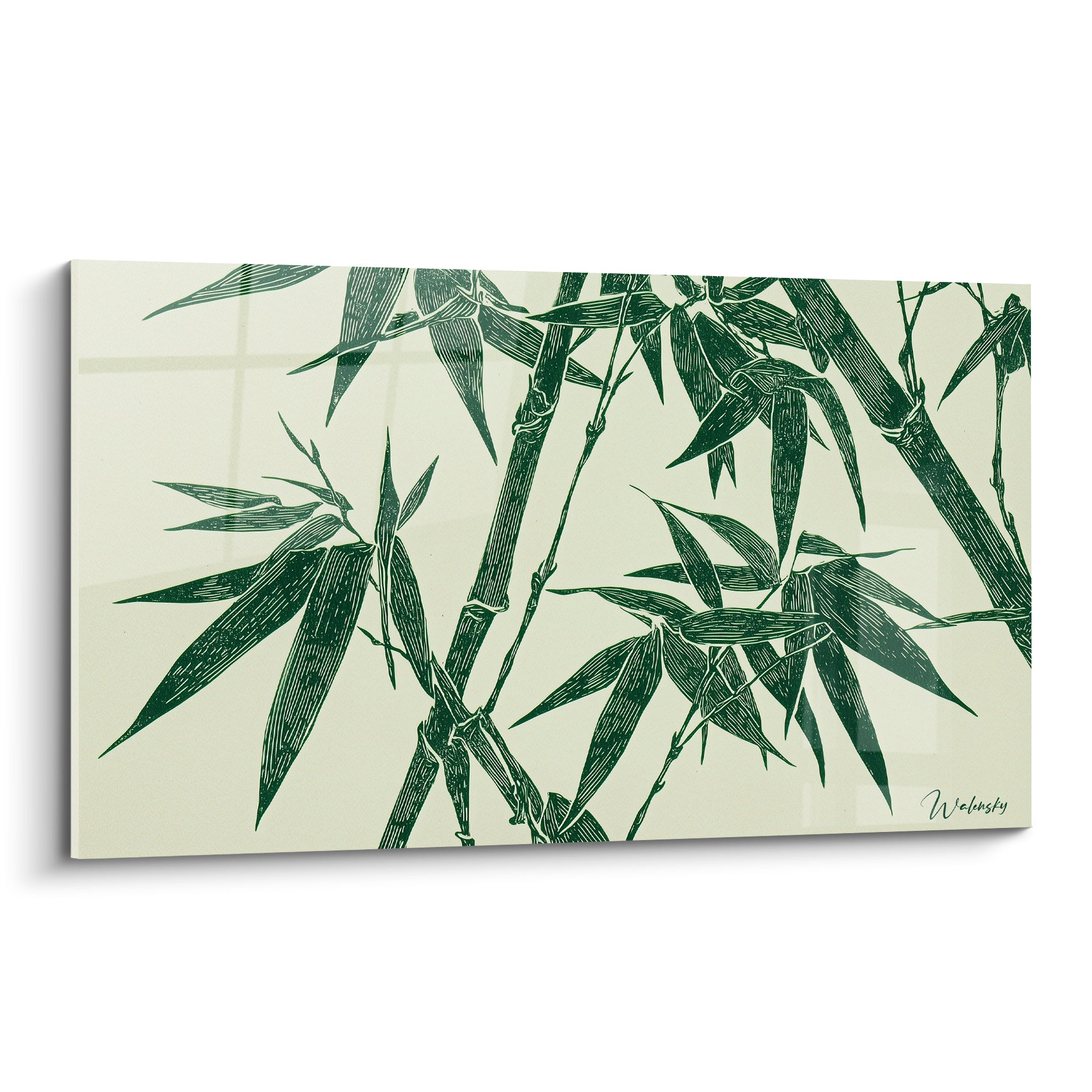 Bambou vert sauge et ivoire, tiges entrelacées en style gravure botanique détaillé