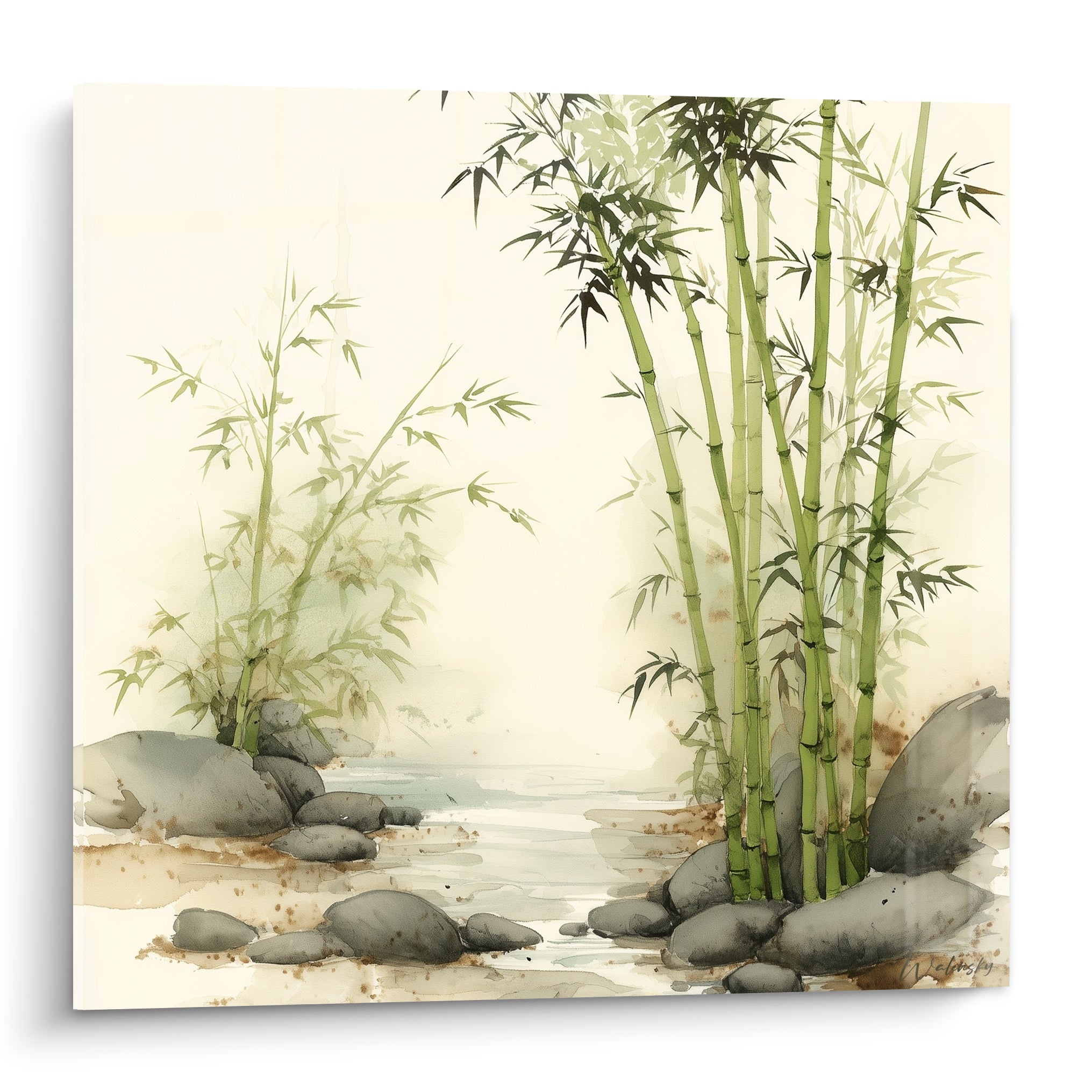 Bambou vert sauge et gris anthracite dresse ses tiges sur fond ivoire brumeux, aquarelle délicate