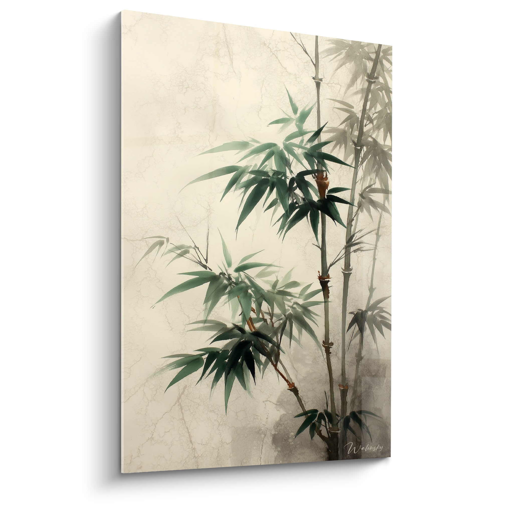 Bambou vert sauge aux tiges anthracite déployées sur fond beige craquelé texturé