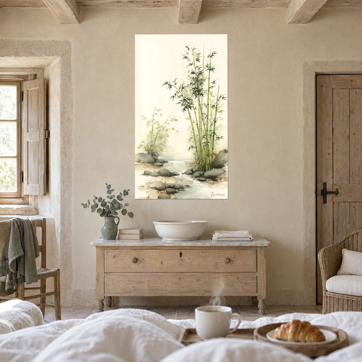 Wall art of soft green bamboo canes and a bluish stream on a cream background, gray rocks, above a bed in a bright bedroom