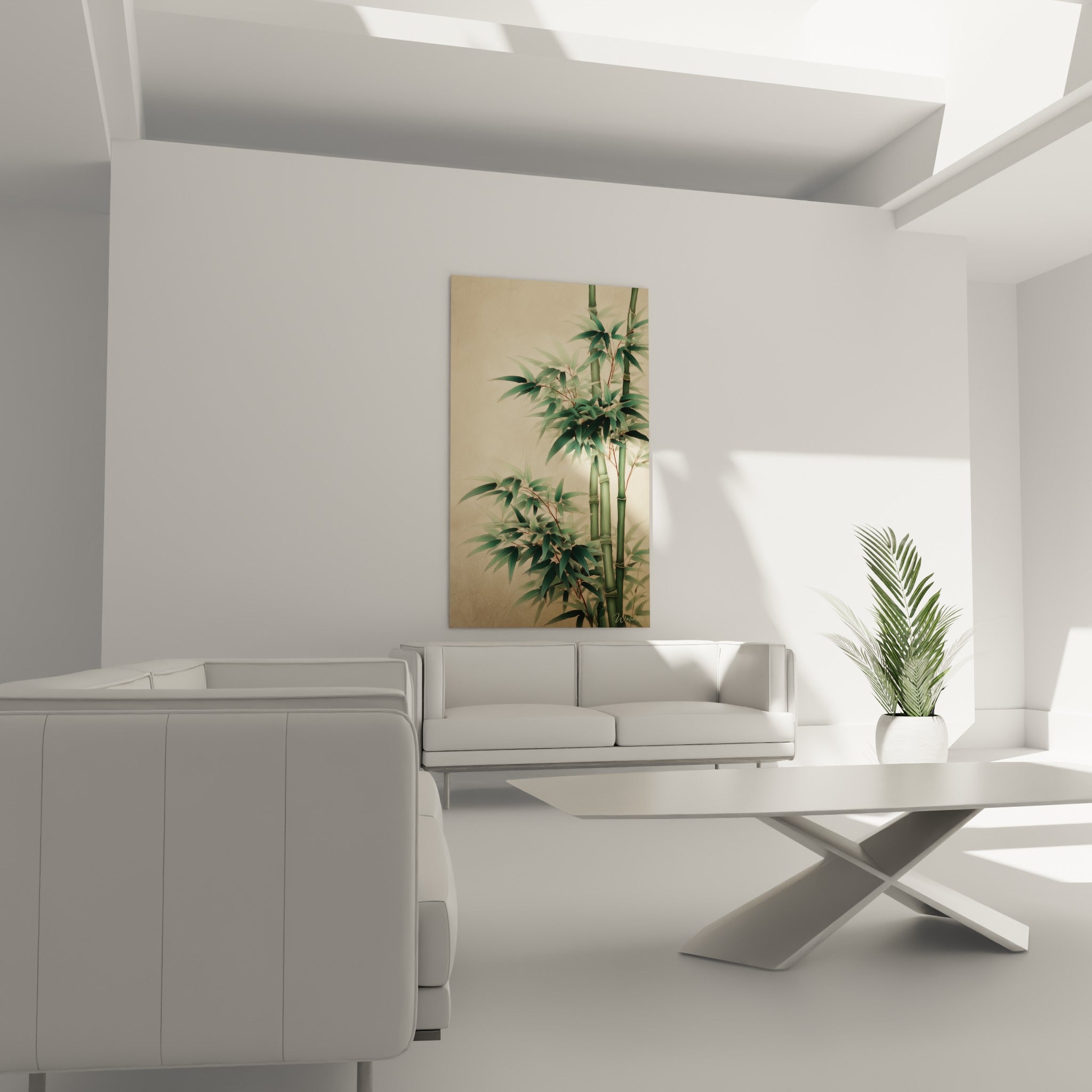 Chaumes verts et feuillages vert tendre du bambou, suspendus au-dessus d'un canapé dans un salon lumineux