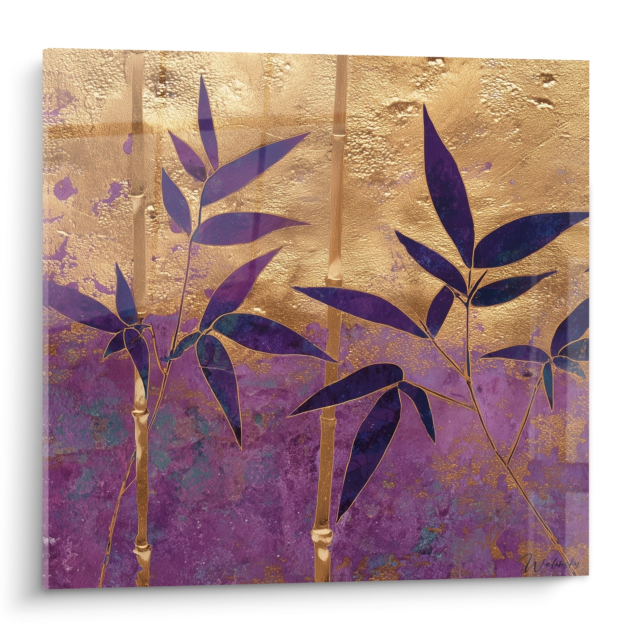 Bambou violet et doré, feuilles stylisées sur fond métallique texturé, composition japonisante