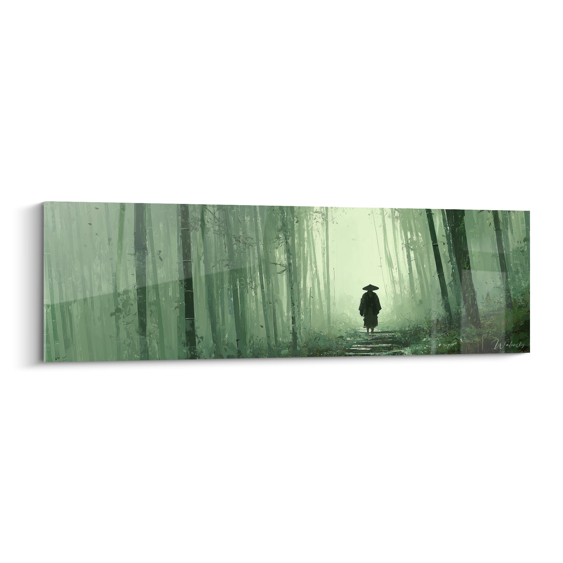 Silhouette anthracite d'un marcheur avançant dans un tableau bambou vert émeraude brumeux