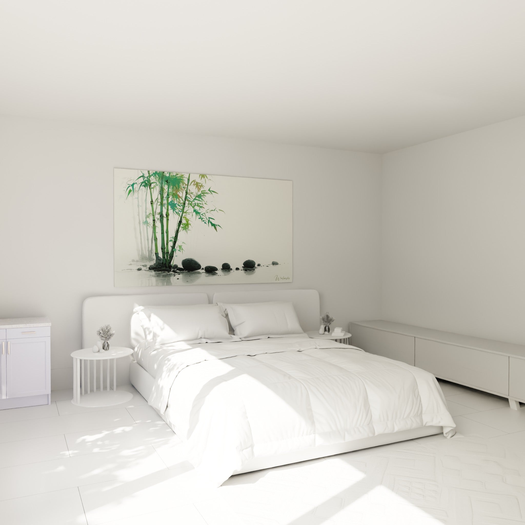 Tiges de bambou vert et pierres grises surplombent un lit dans une chambre claire