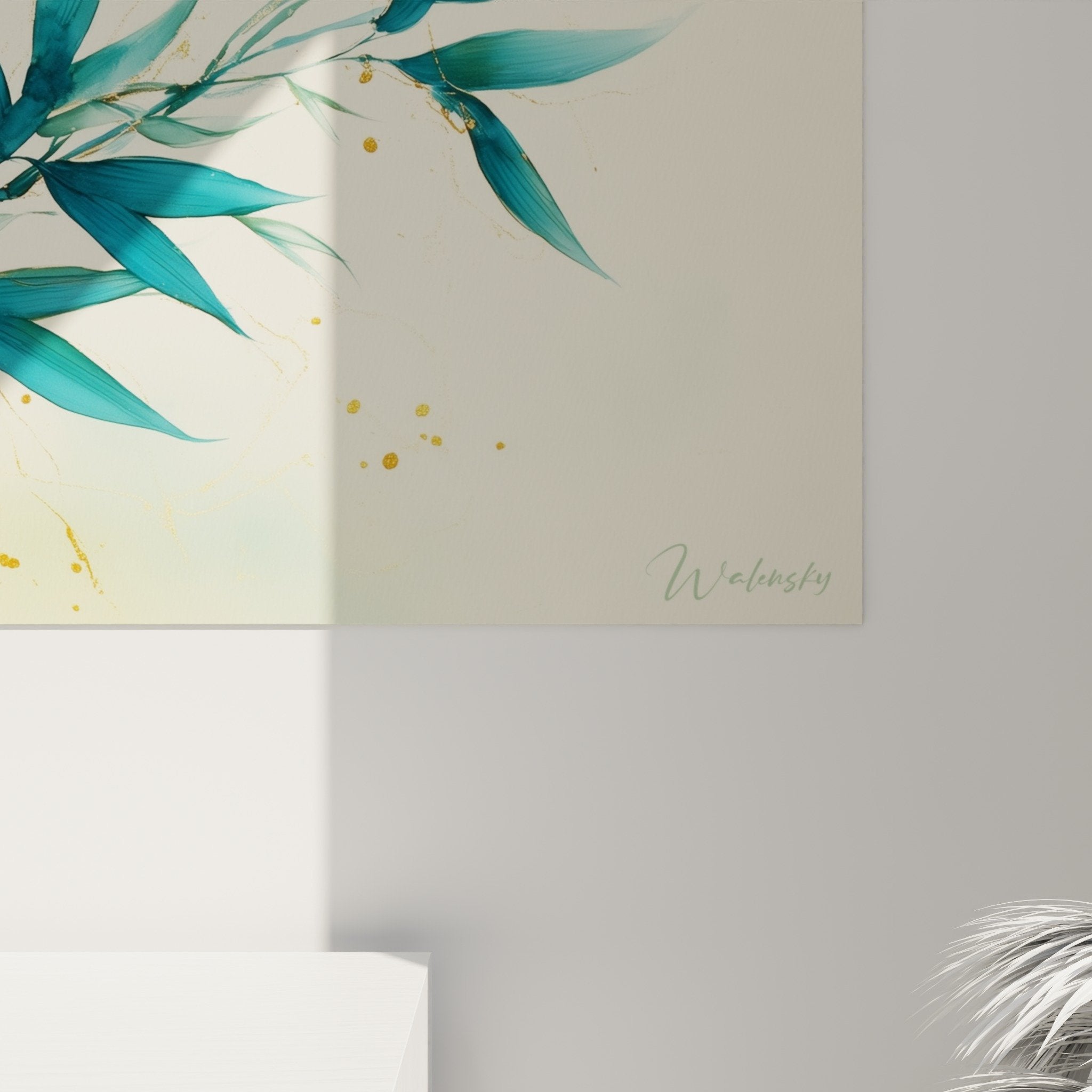 Bamboo watercolor painting blue green living room zen feng shui north water decor