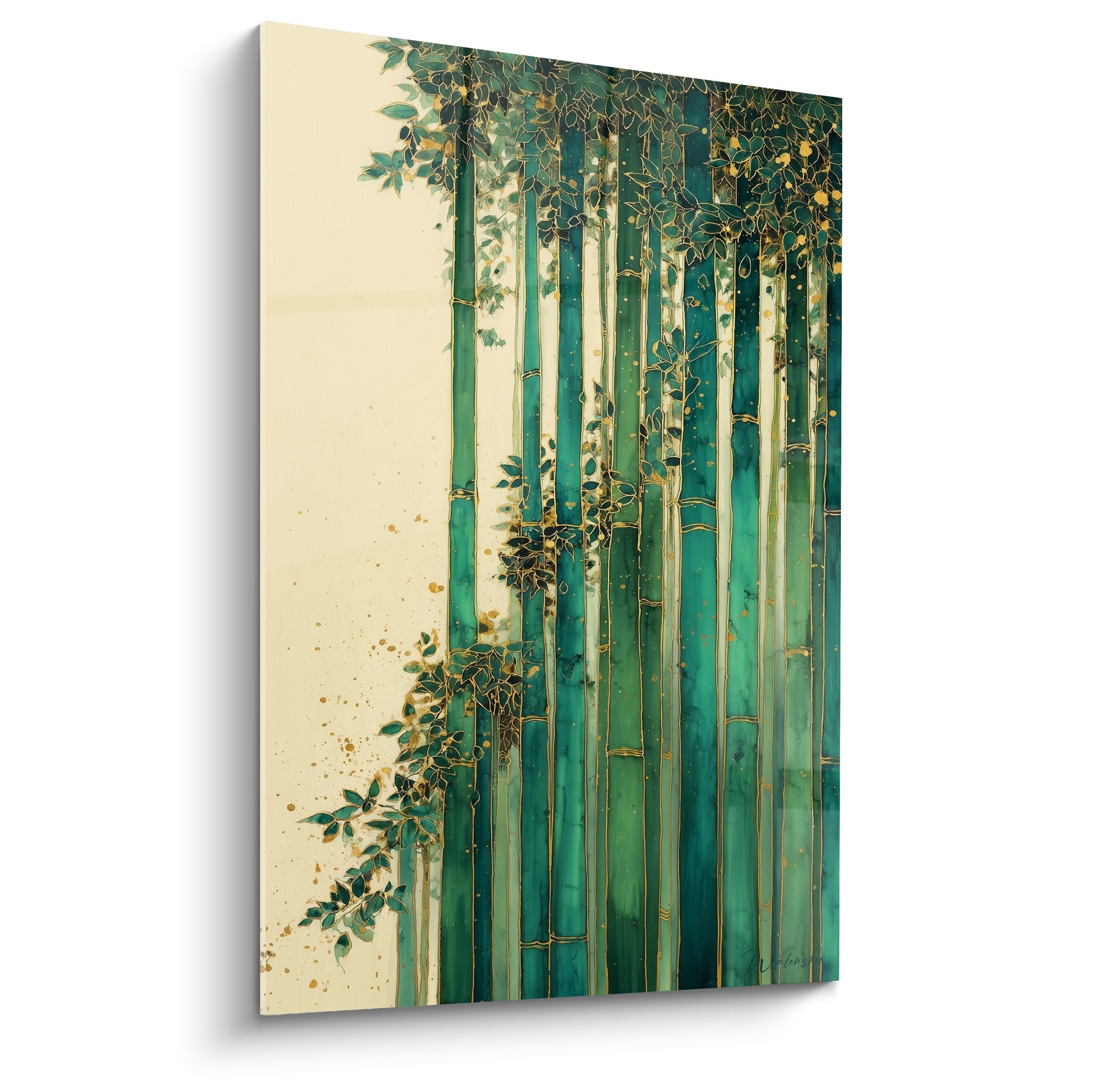Green and golden bamboo painting on cream background Asian feng shui southeast wood style zen decoration