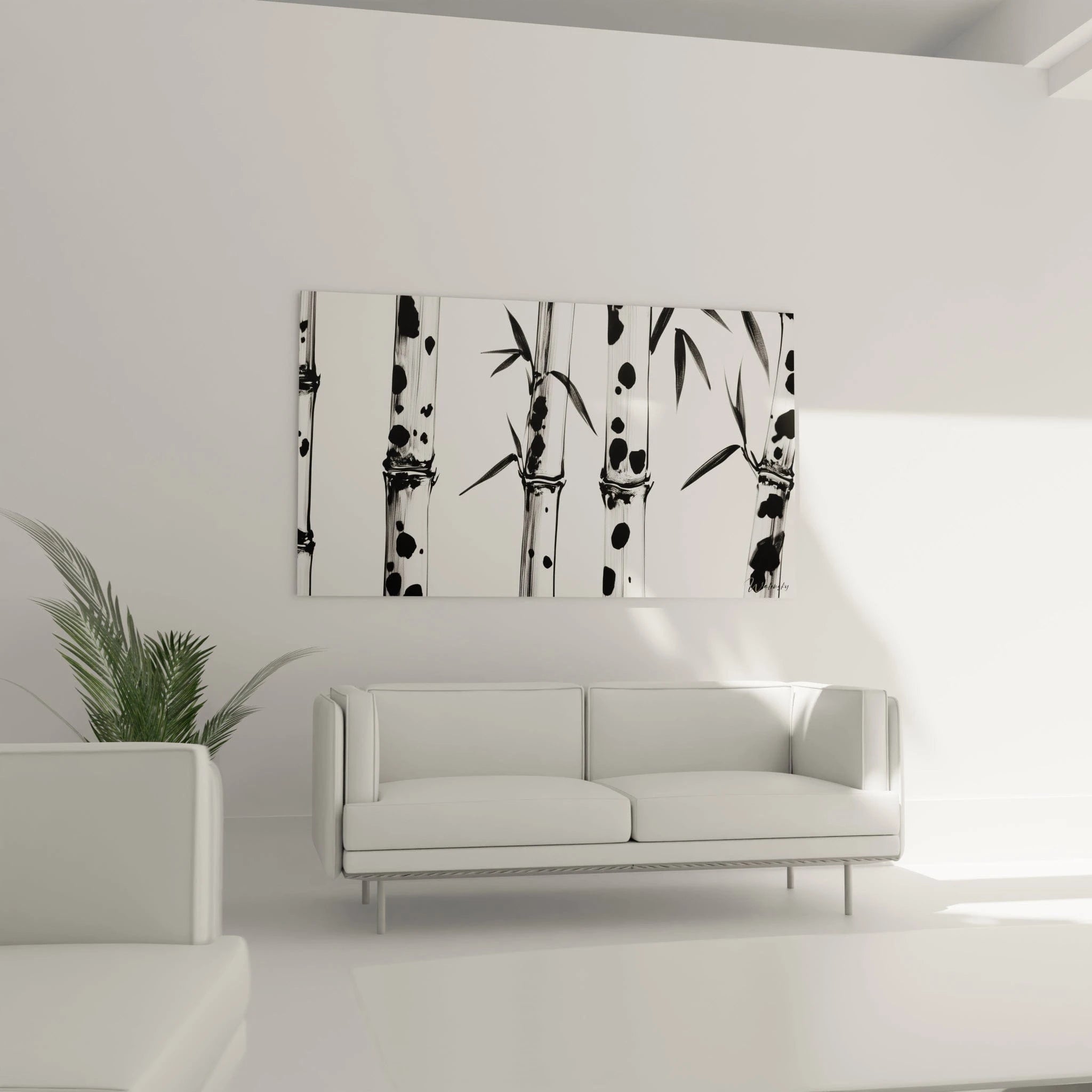 Tableau tacheté noir et blanc de Walensky représentant des bambous stylisés sur un mur moderne