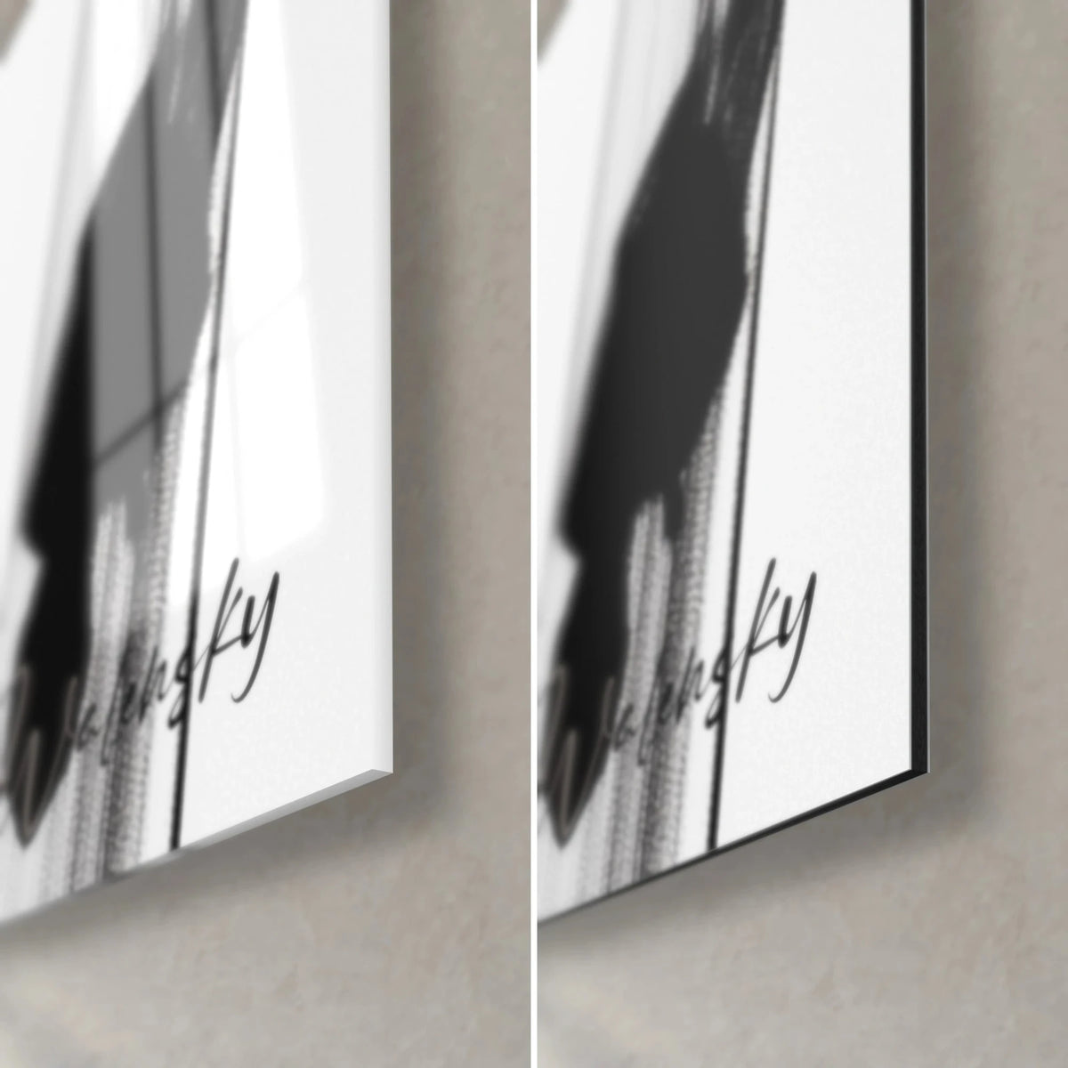Schilderij gevlekte bamboestengels, rechtsonder: glanzend acrylglas links, mat zwart-wit Dibond-aluminium rechts, rand van 3 mm