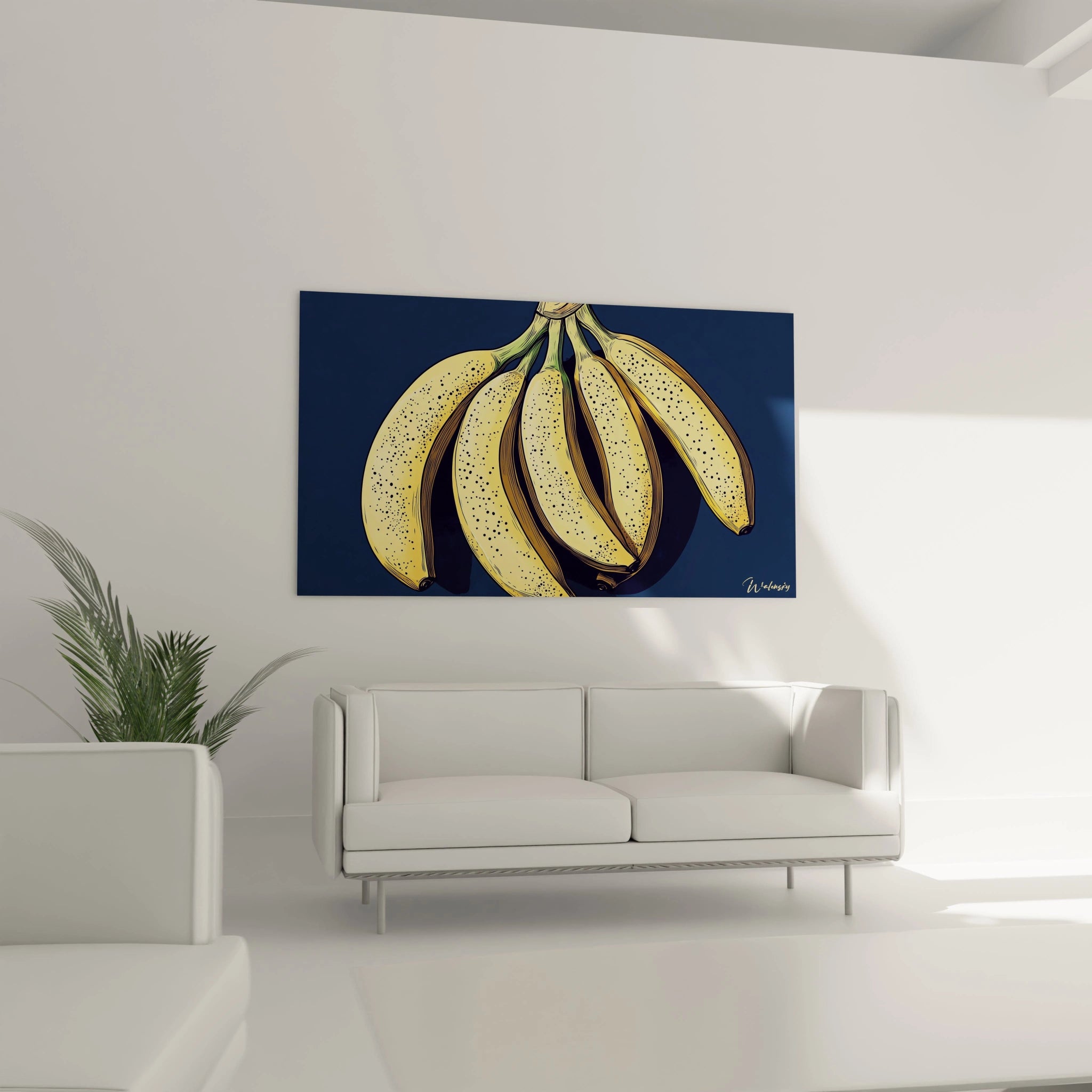 Un tableau banane montrant un groupe de bananes avec une peau jaune tachetée et des tiges vertes, contrastant avec un fond bleu uni. Les lignes épaisses et les ombres donnent une impression de volume.