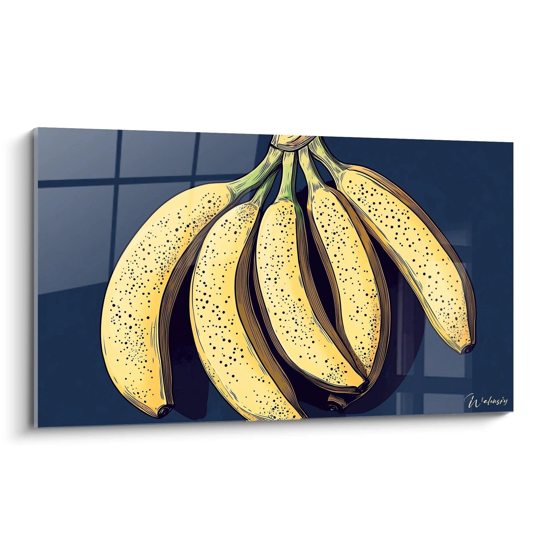 Un tableau banane représentant un régime de bananes jaunes avec des taches sombres, sur un fond bleu profond. Les contours noirs marqués et les ombres ajoutent du relief à la composition.