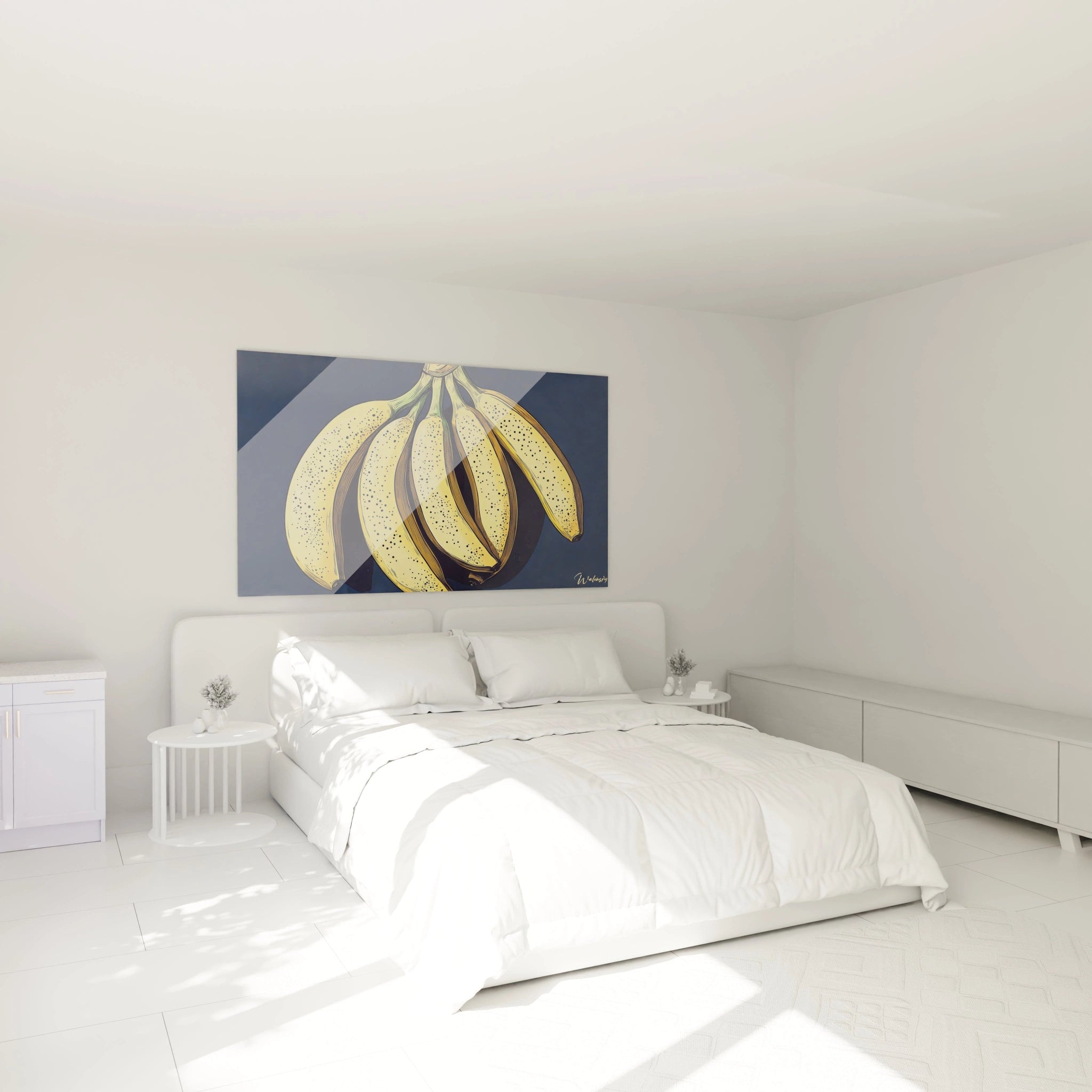 Un tableau banane illustrant plusieurs bananes courbées aux teintes jaunes et ombrées de noir, disposées sur un fond lisse bleu foncé. Des textures tachetées accentuent les détails du fruit.