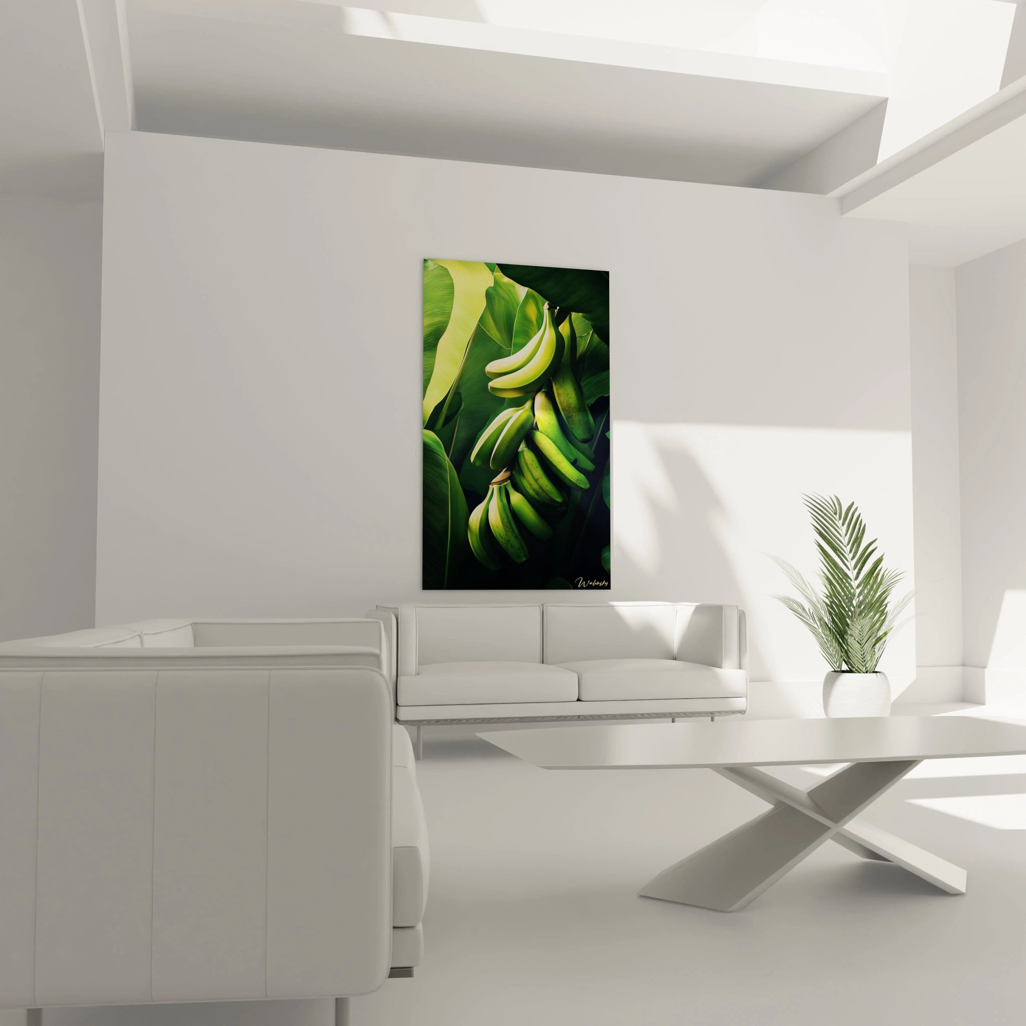 Un tableau banane montrant un régime de bananes encore vertes sur un fond de feuillage dense. Les couleurs principales sont le vert vibrant, le noir et le jaune doux, avec des textures lisses et légèrement ombrées.