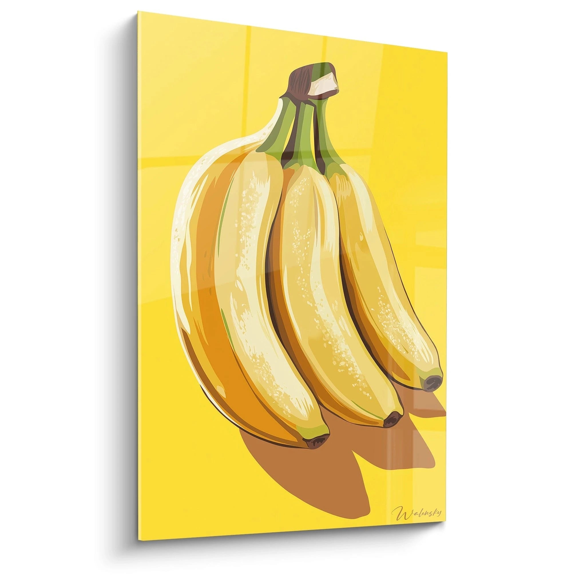 Un tableau banane représentant un régime de bananes en jaune vif, avec des nuances de marron et de vert, sur un fond uni. Les textures lisses contrastent avec des ombres nettes et un effet de lumière marqué.