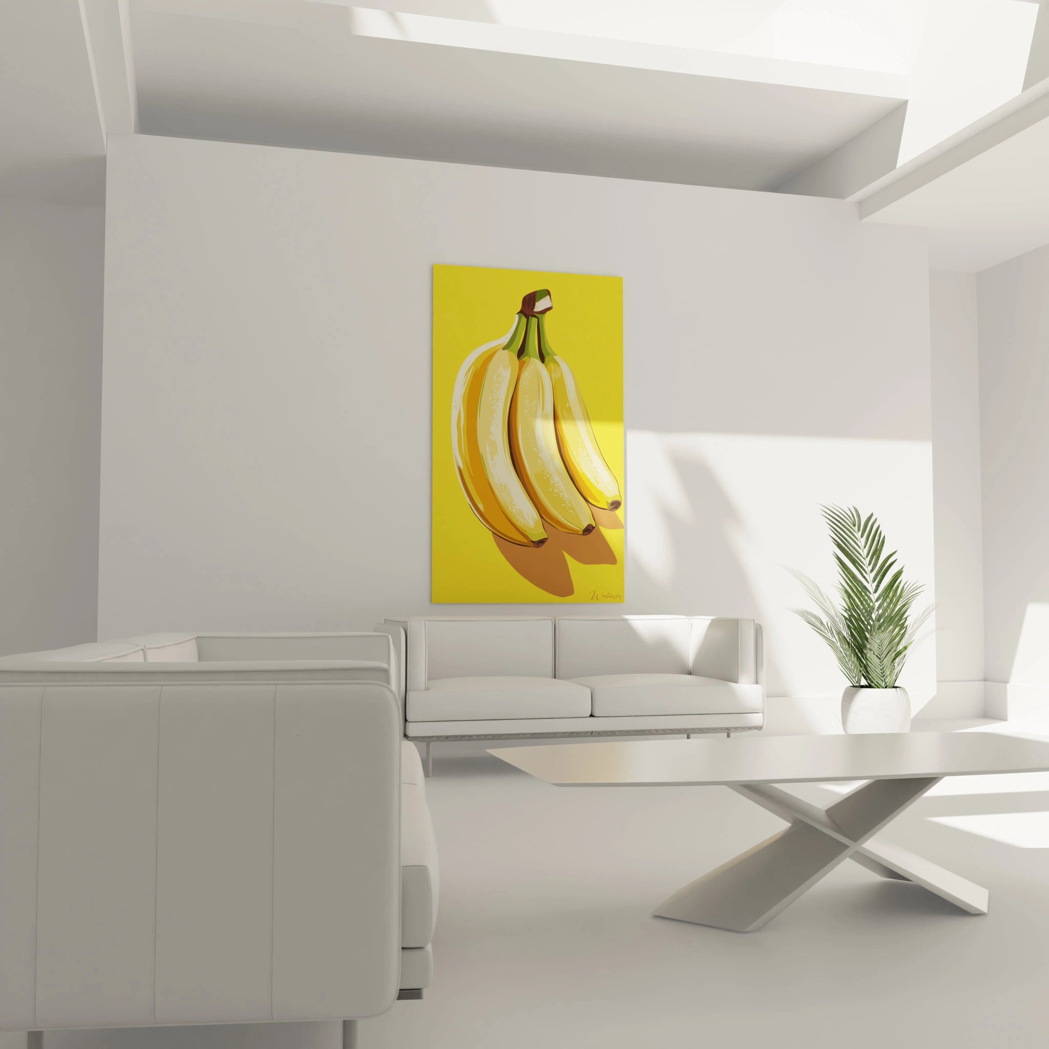 Un tableau banane illustrant un groupe de bananes aux couleurs jaune doré et marron, avec une texture lisse et des reflets lumineux. L’arrière-plan uni renforce le contraste des formes et des ombres.