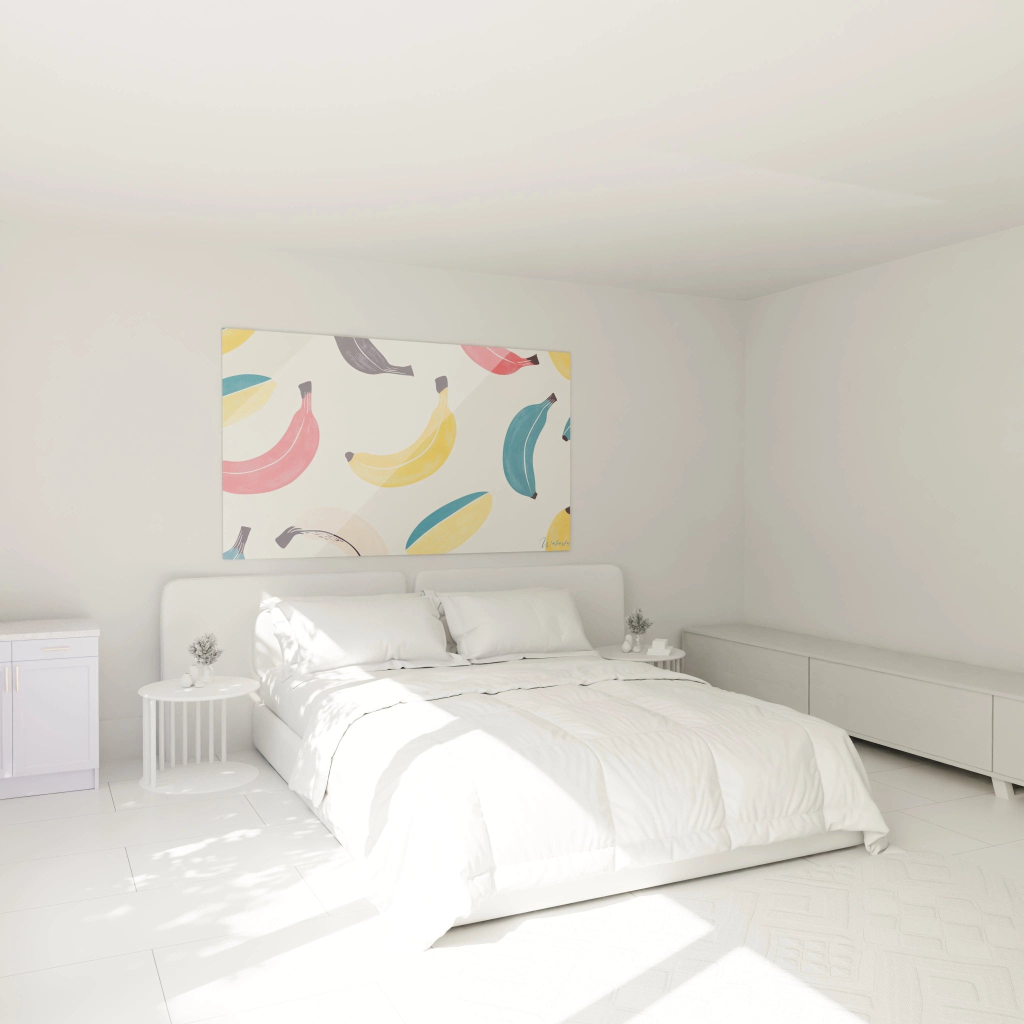 Un tableau banane affichant des formes de bananes abstraites en jaune, bleu et rouge, avec des lignes épurées et des textures légères sur un fond neutre.