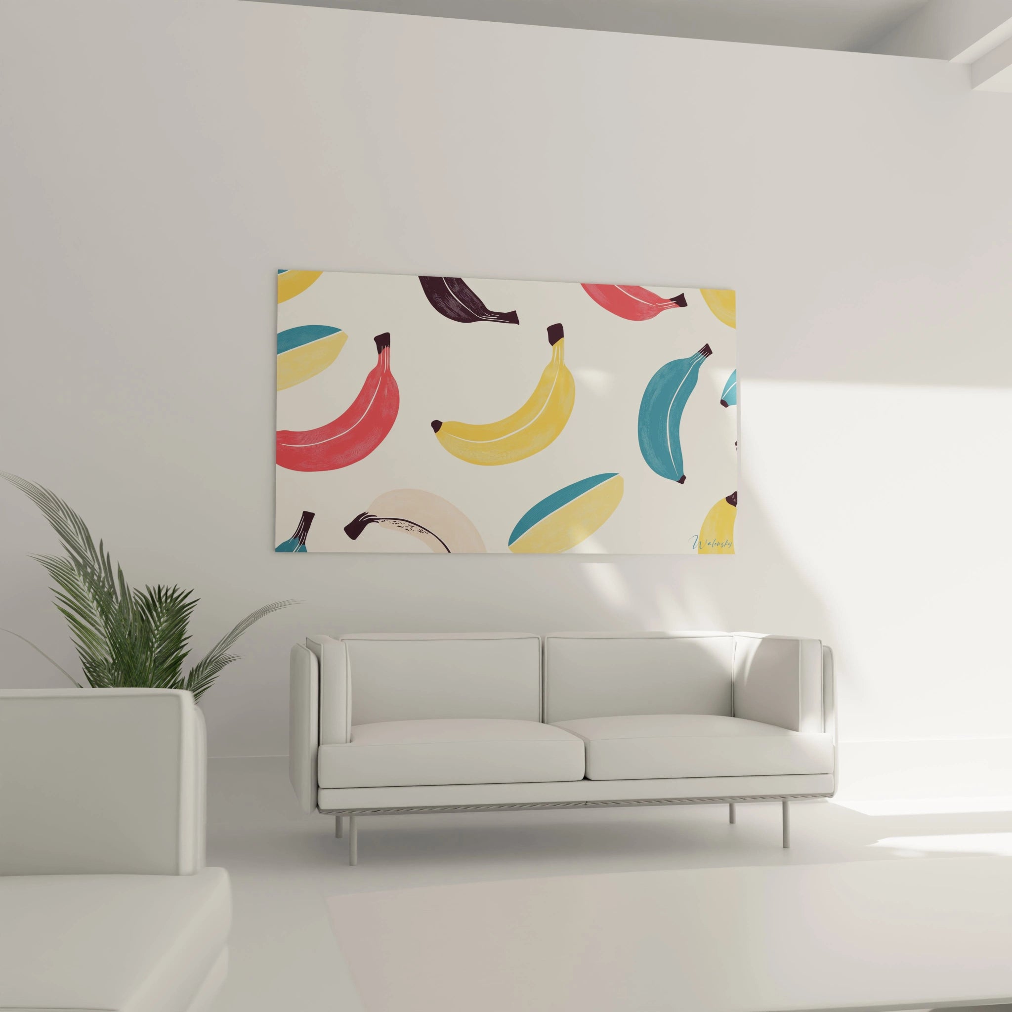 Un tableau banane illustrant des bananes aux couleurs vives, alternant entre des teintes primaires et des nuances texturées, créant un contraste marqué sur un fond beige.