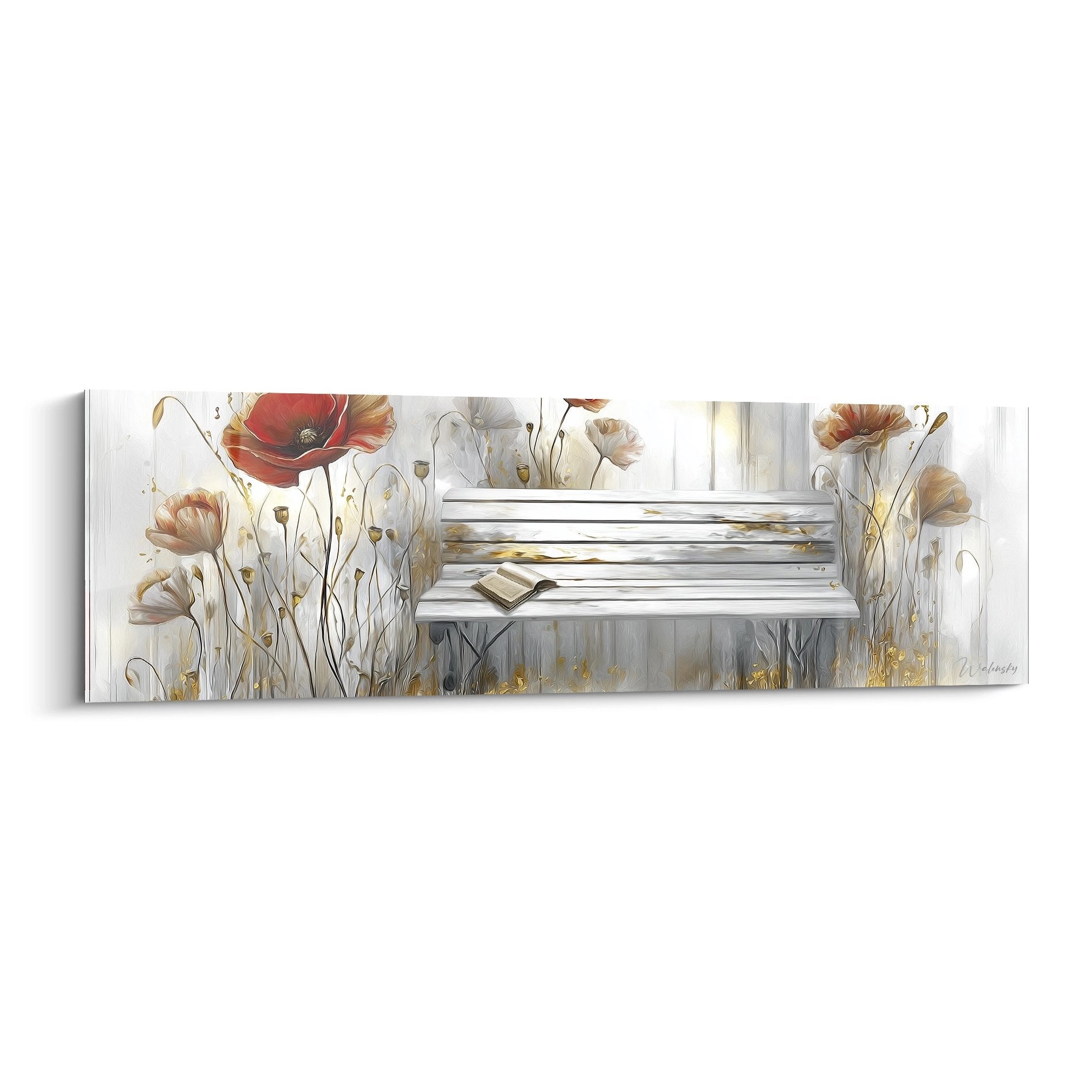 Quadro decorativo con panchina bianca, papaveri rossi e fiori dorati in giardino bucolico stile romantico