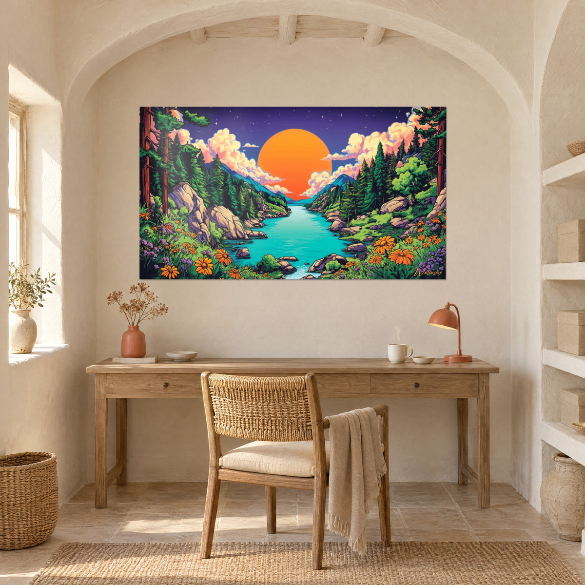 Quadro bosco illustrato in stile fumetto, fiori arancioni in primo piano, cielo indaco, sopra una scrivania in legno chiaro