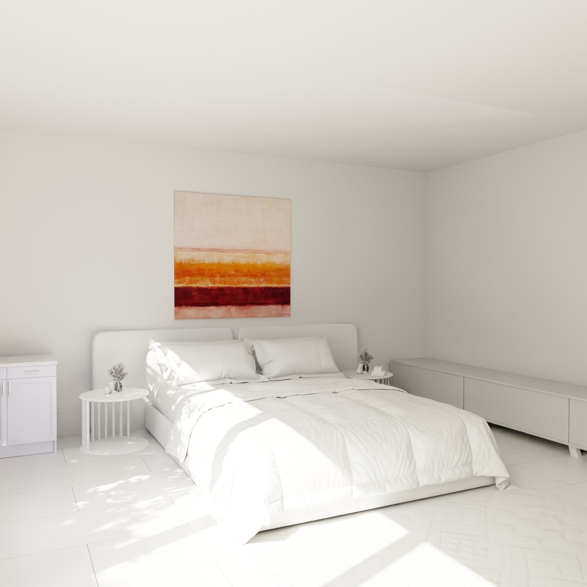 Tableau abstrait tons terre chambre decoration murale bandes horizontales beige orange