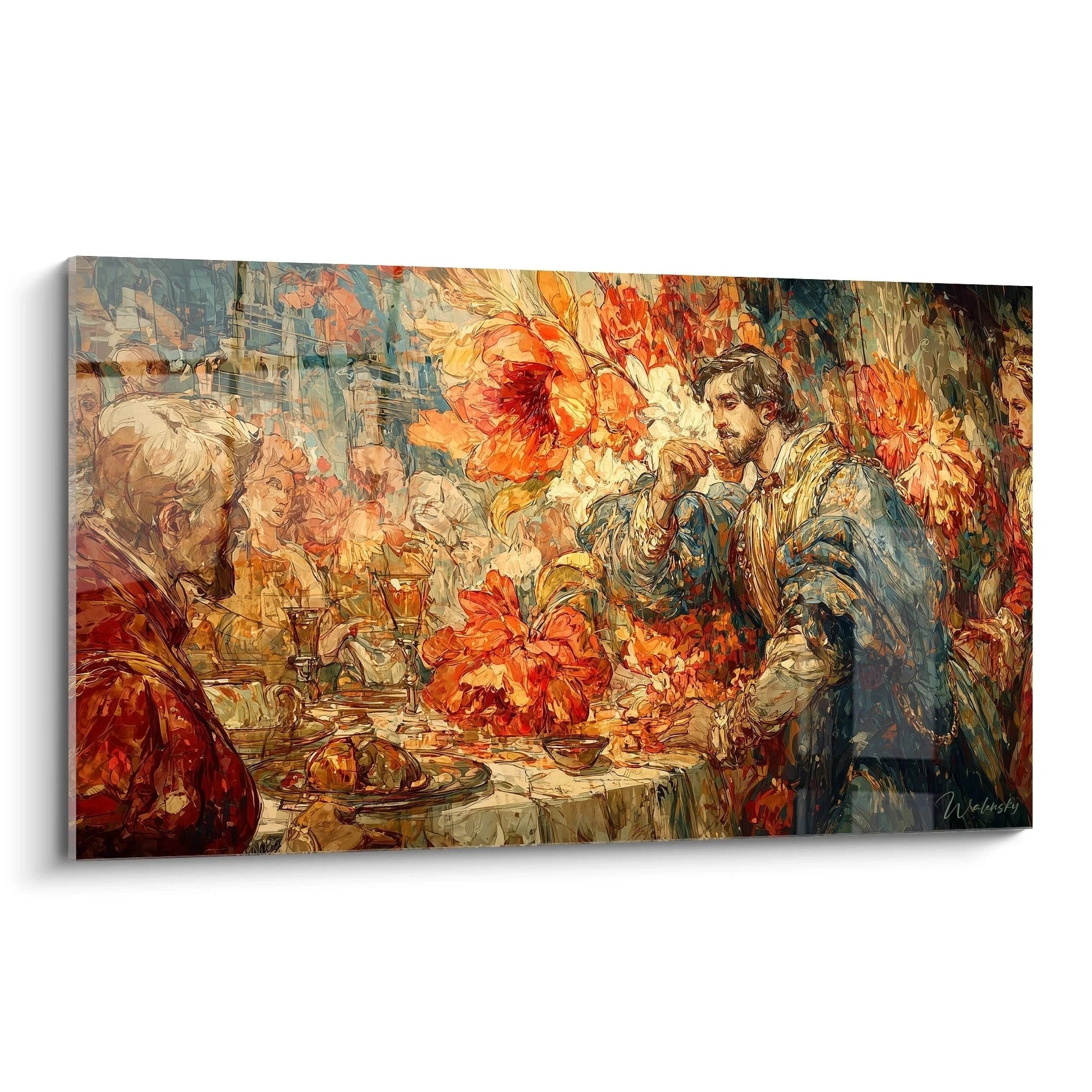 Walensky tableau mural banquet renaissance representant un festin aristocratique avec fleurs couleurs chaudes et convives