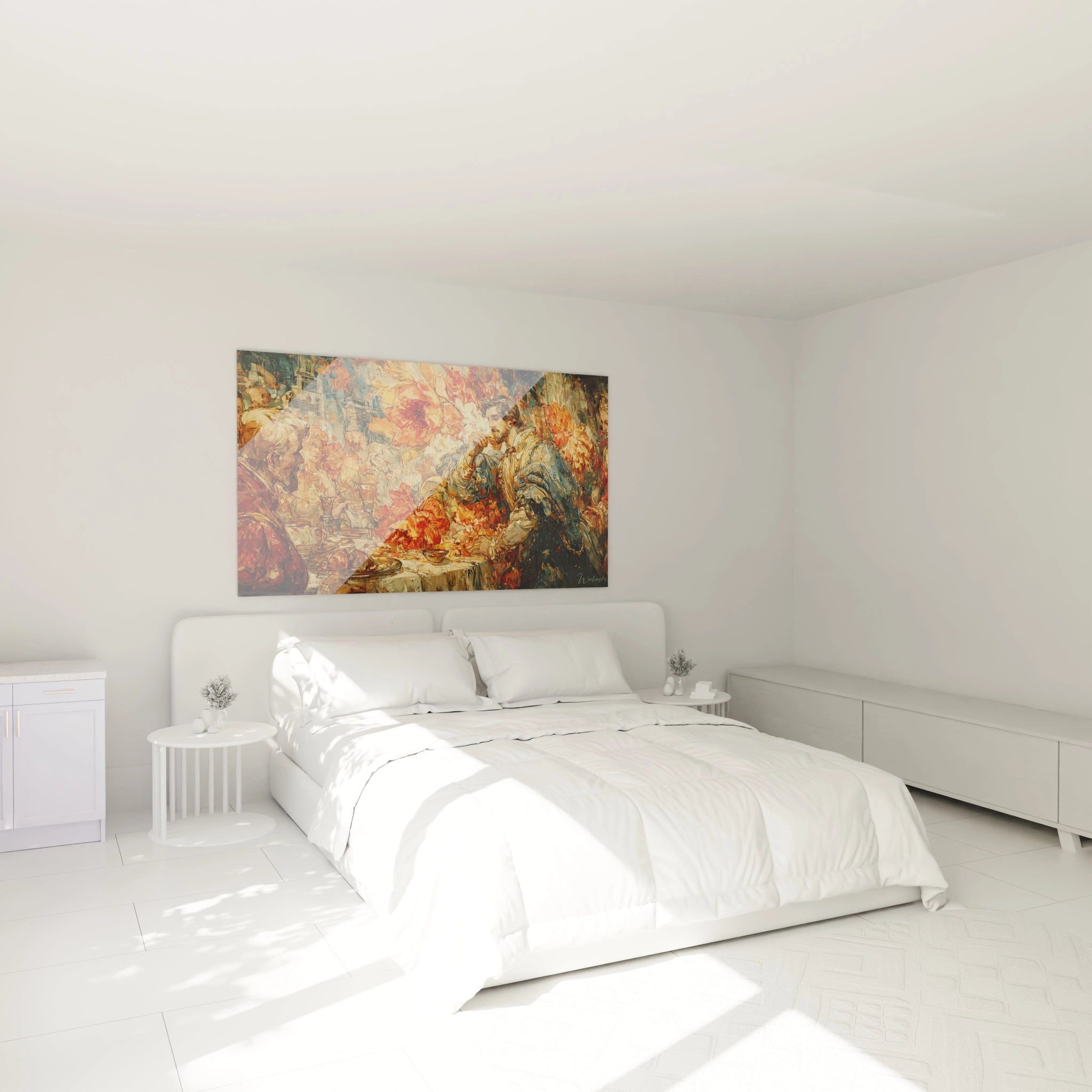 tableau mural banquet renaissance Walensky au dessus d un lit blanc minimaliste dans une chambre lumineuse et epuree