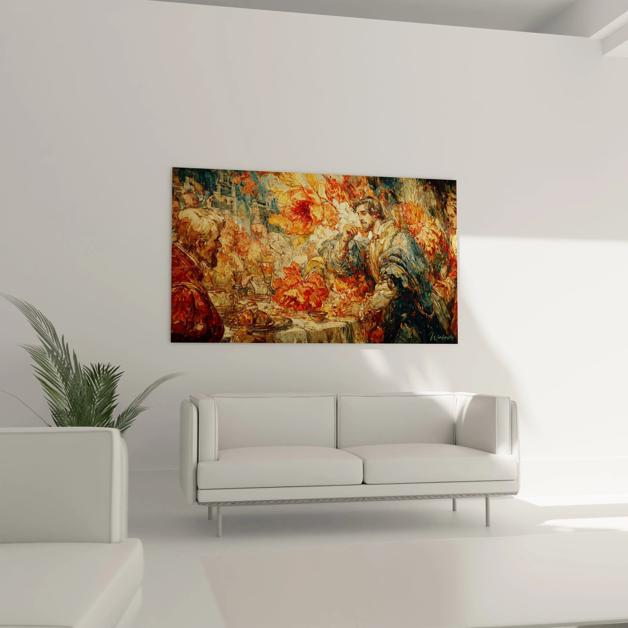 Walensky tableau mural banquet renaissance coloree suspendu au dessus de un canape blanc dans un salon moderne