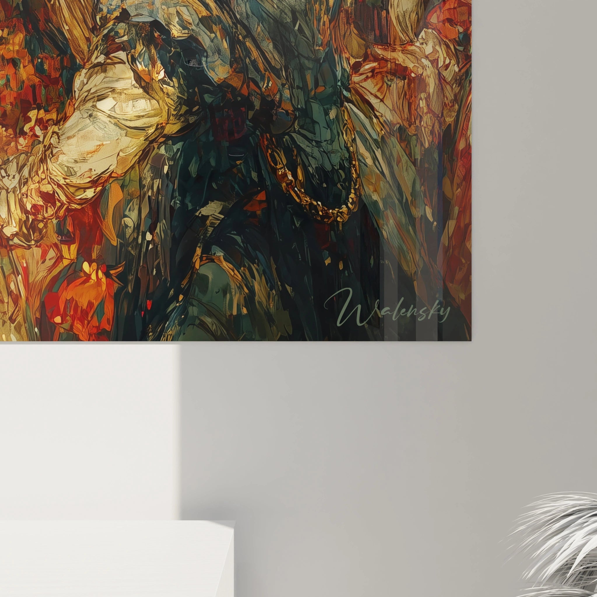 tableau mural banquet renaissance Walensky gros plan sur costume orne et chaine doree sur mur gris