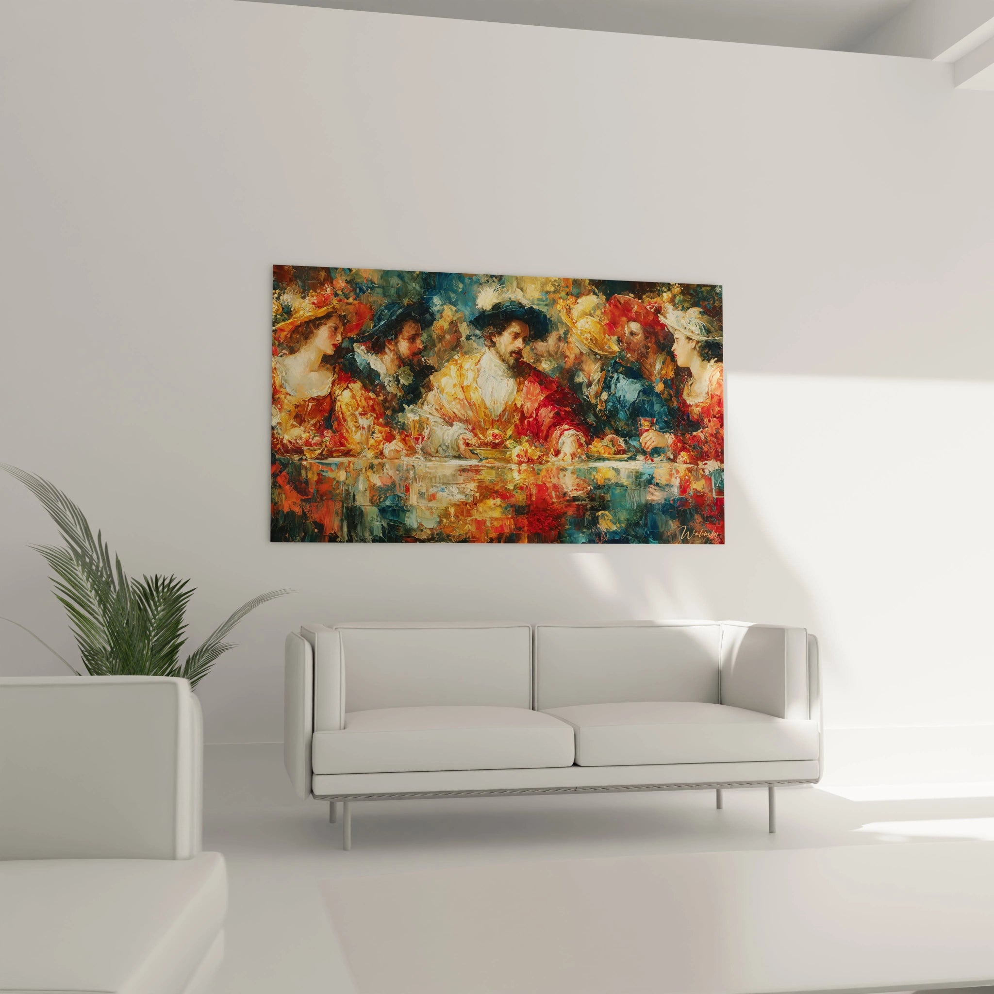 Walensky tableau mural festin renaissance peinture colorée de banquet accroché au dessus du canapé blanc dans un salon moderne