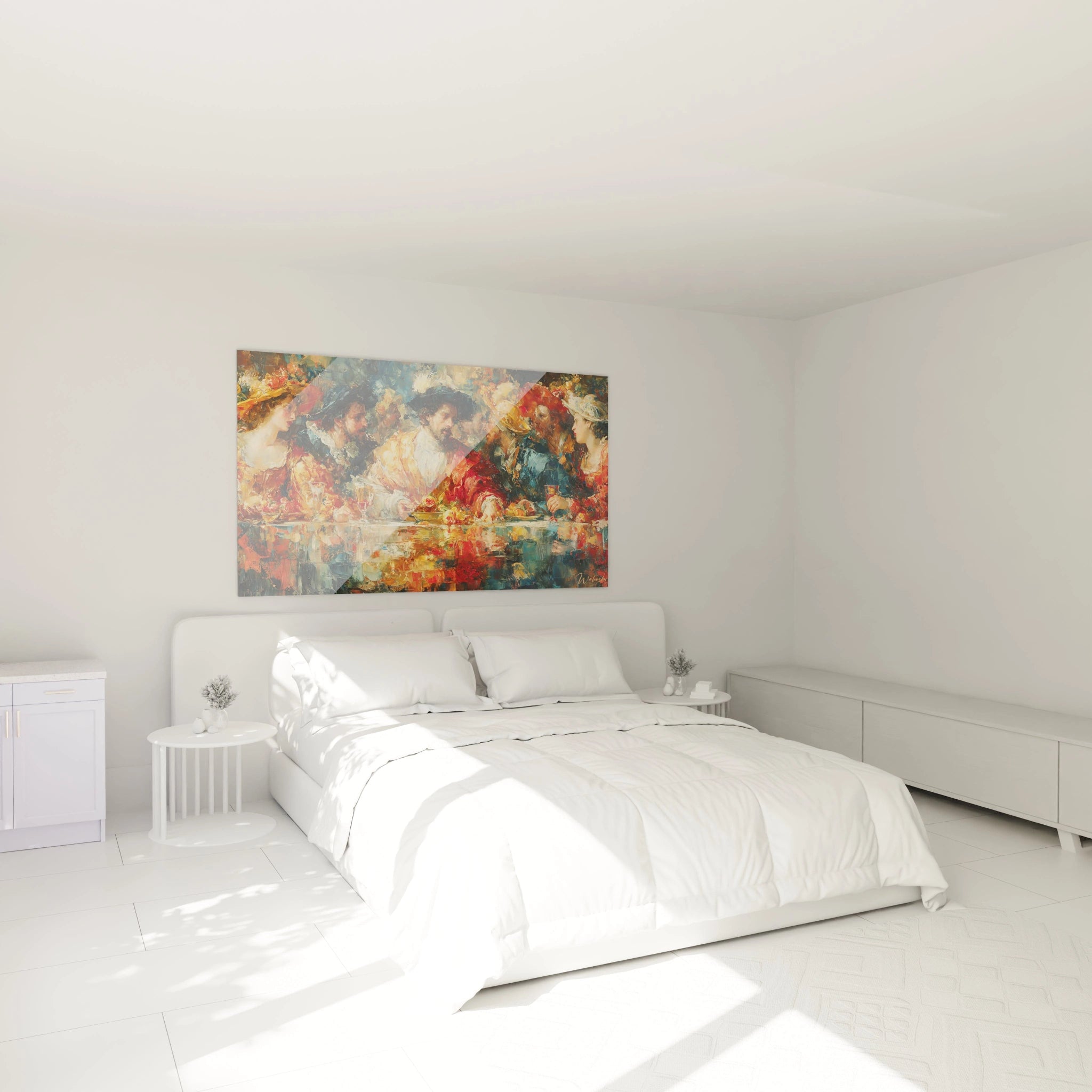 Walensky tableau mural festin renaissance coloré au dessus d un lit blanc moderne dans chambre minimaliste