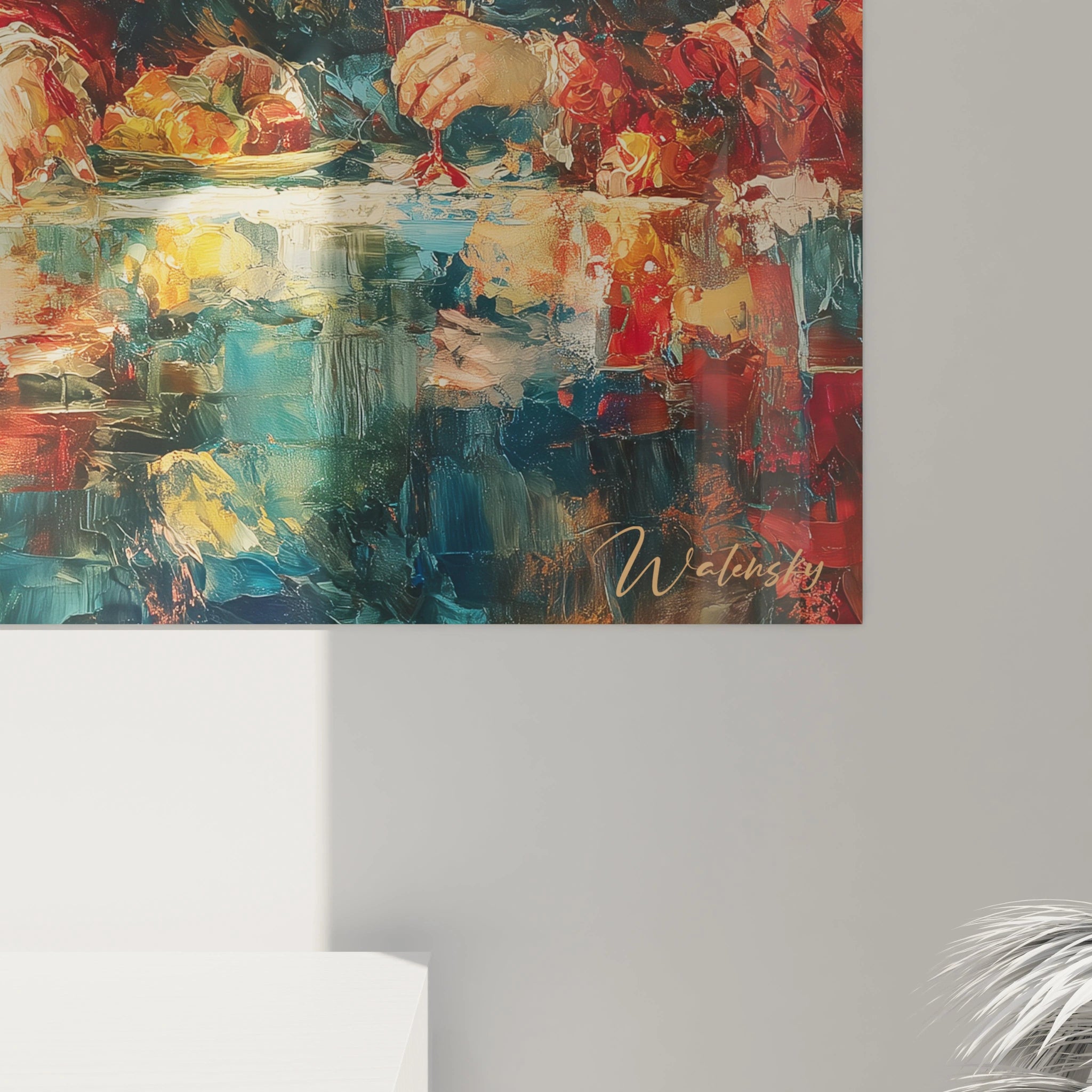 tableau mural festin renaissance Walensky vue detaillee couleurs vives texture empatee main tenant un verre et fruits