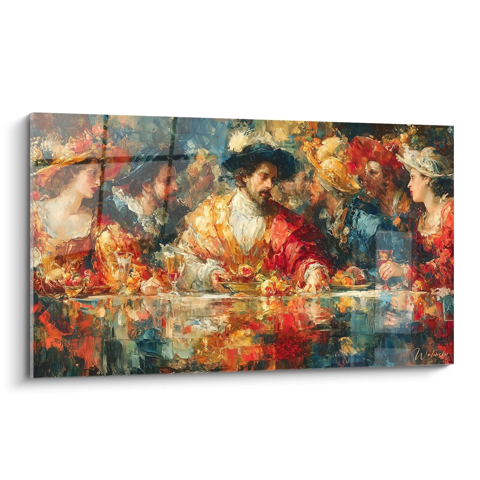 Tableau mural Walensky tableau mural festin renaissance aux couleurs vives montrant convives habilles en costumes d epoque