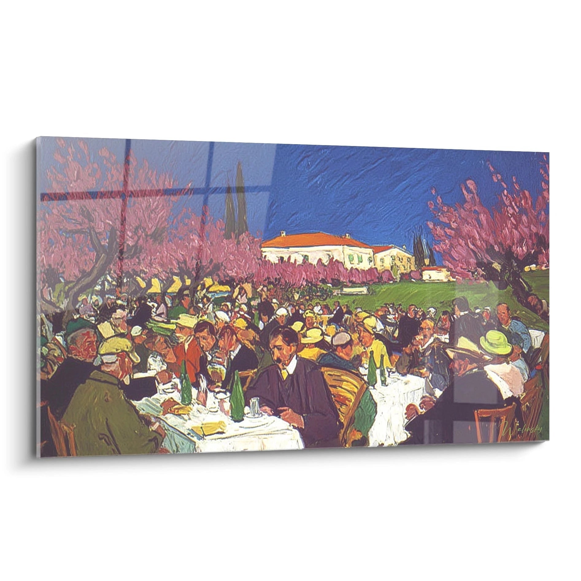 Walensky tableau post impressionnisme original représentant un banquet en plein air sous arbres en fleurs et ciel bleu