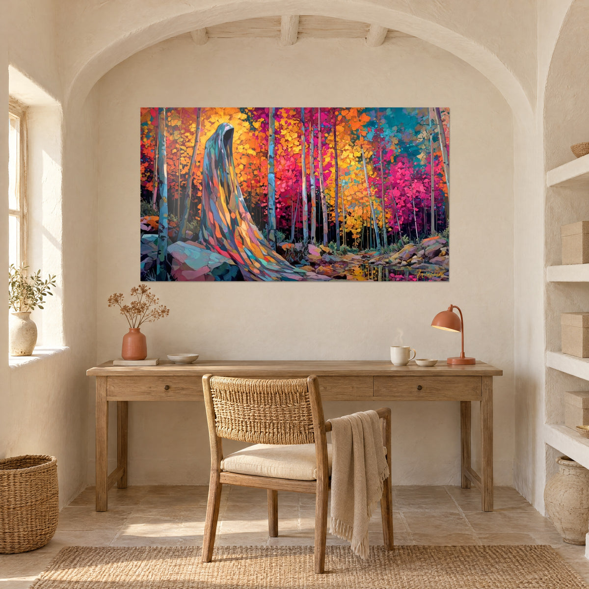 Schilderij Vurig bos met zilveren stammen, gedrapeerde schaduw in oranje en turquoise, opgehangen onder een boog boven een houten bureau