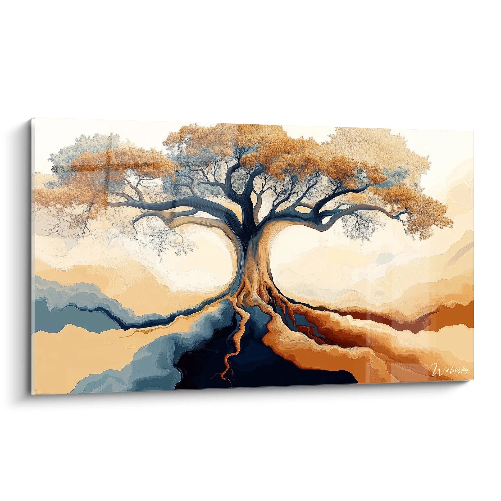 Un tableau baobab nature représentant un arbre aux branches étendues et racines visibles, avec des teintes dorées, beige et marine, et des effets fluides aux textures lisses et dégradées.