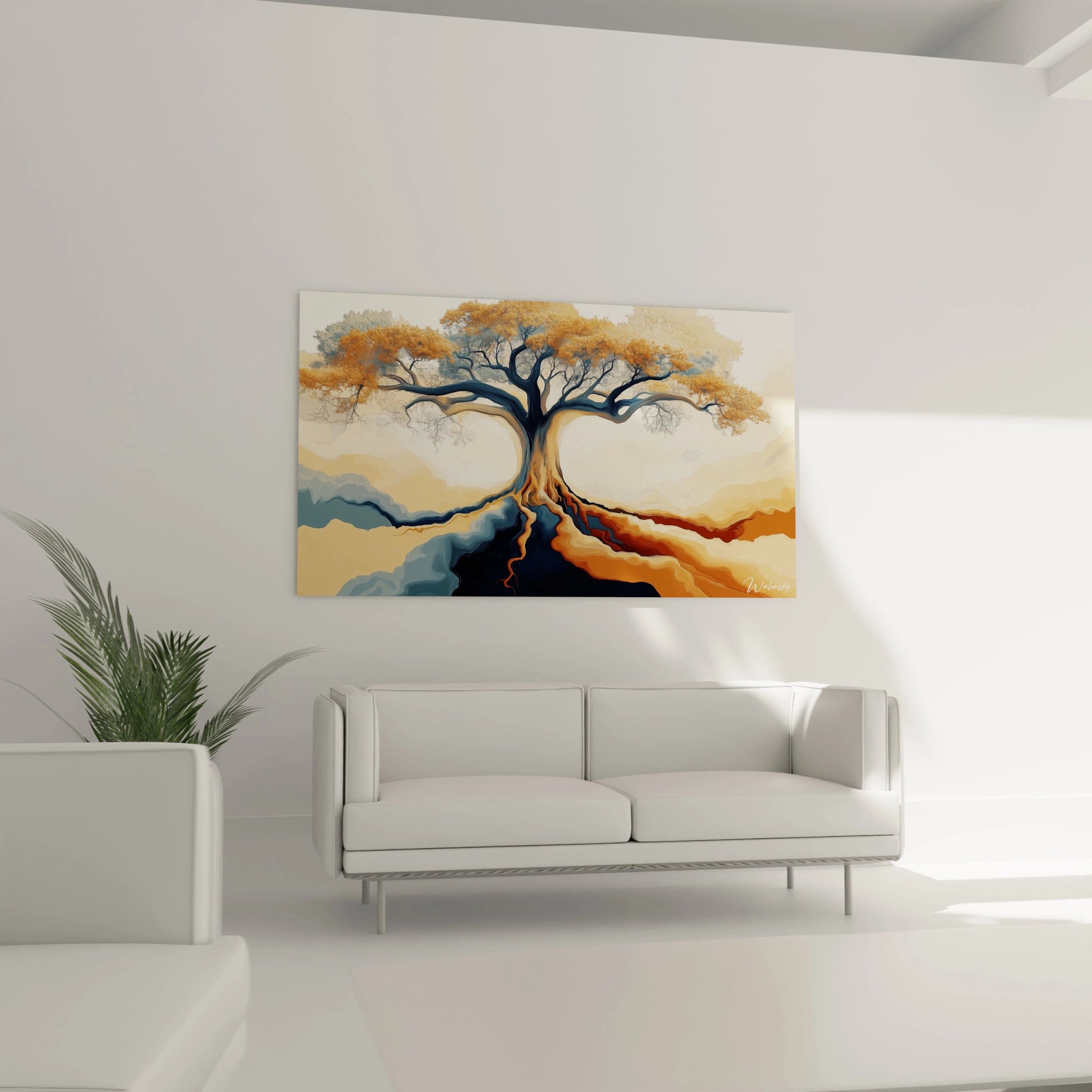 Un tableau baobab nature illustrant un arbre stylisé, aux racines visibles, avec des contrastes de bleu marine, orange et beige, des dégradés fluides et une texture douce et lisse.
